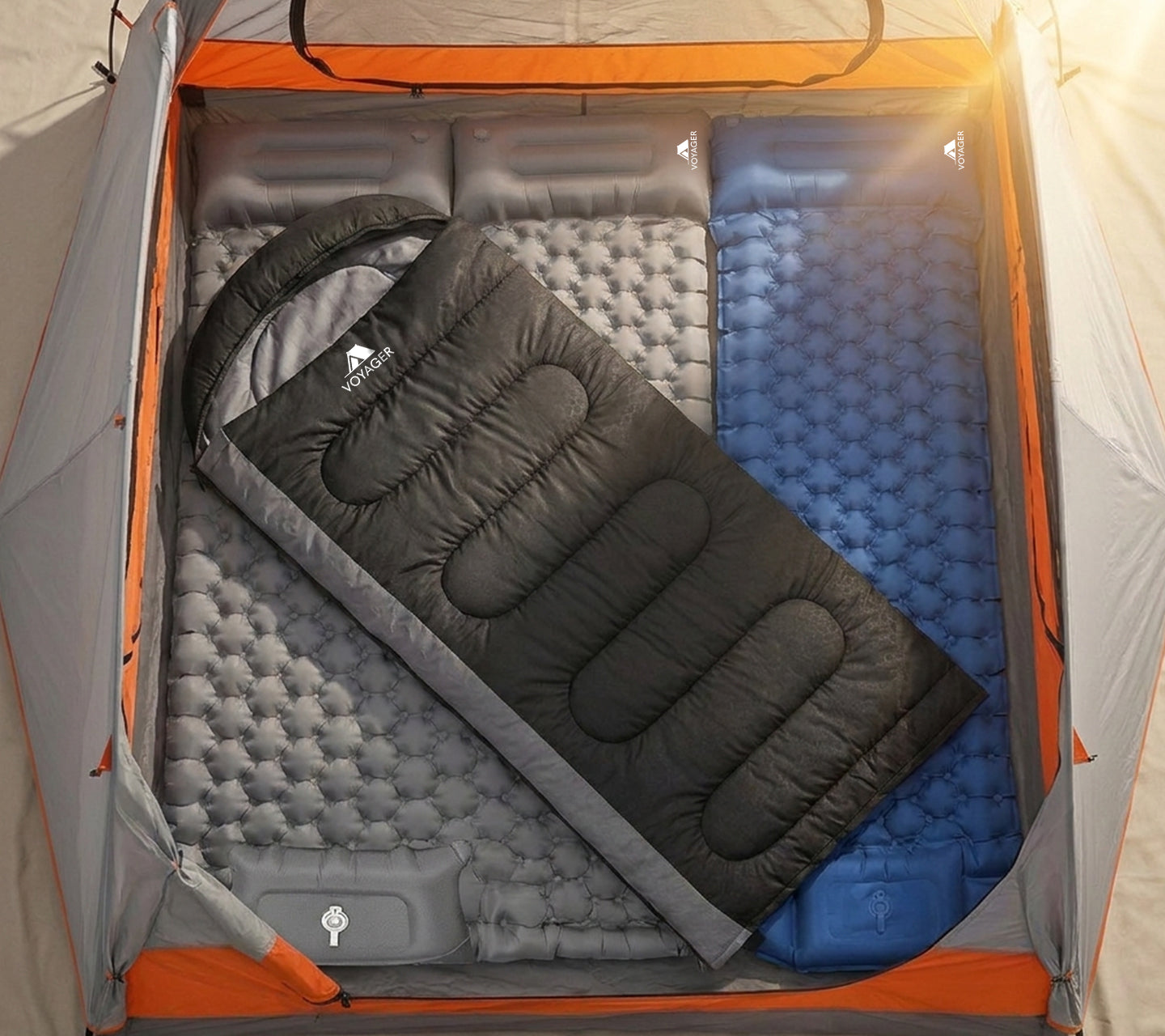 Sleeping pad vs air mattress for camping - Keplin inflatable sleeping pad and sleeping bag inside a tent