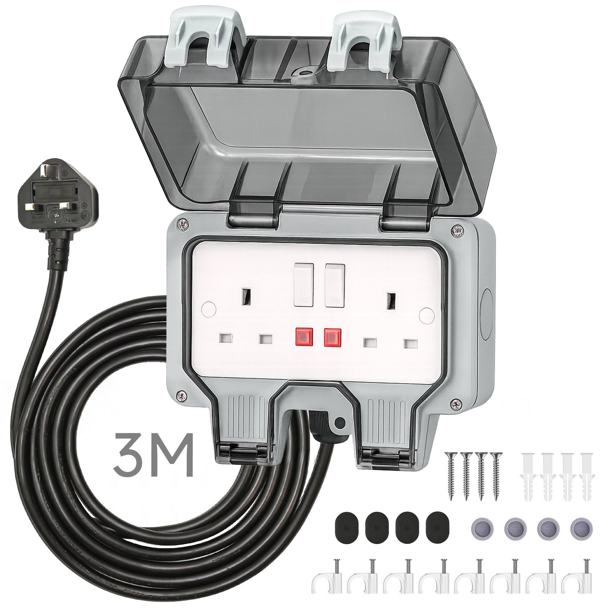 Desiretech Outdoor Double Switched Socket – IP66 Waterproof & Dustproof Socket – 2 Gang Plug with LED Indicators – High Impact PC Housing – Weatherproof Power Outlet for Sheds & Garages