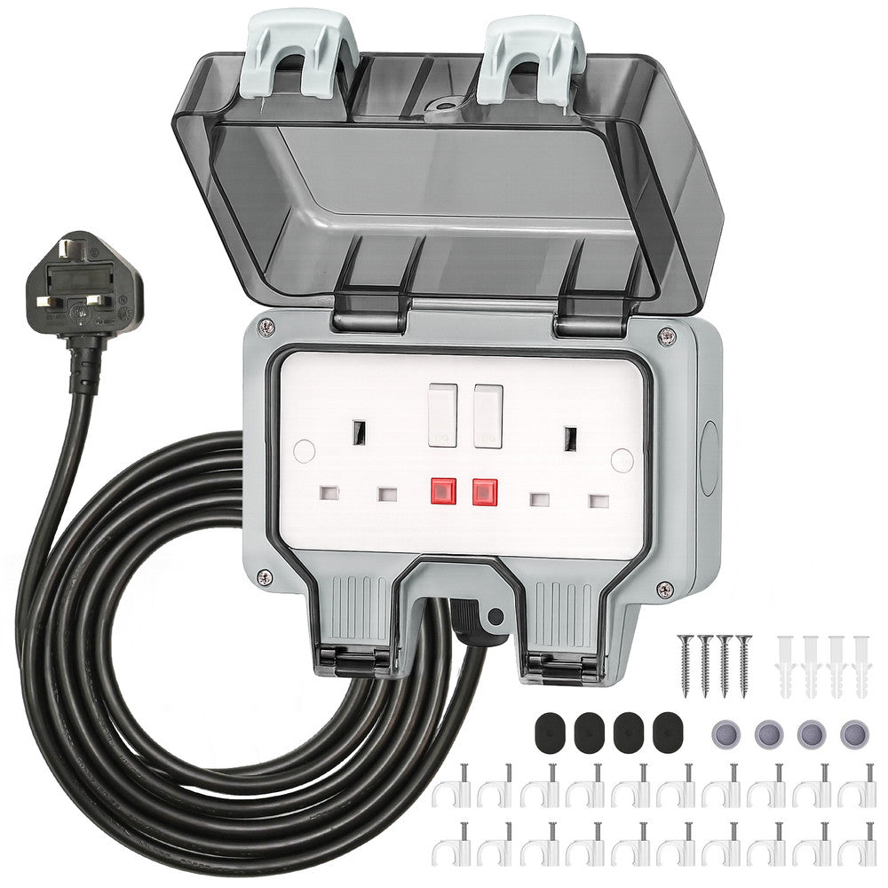 Desiretech Outdoor Double Switched Socket – IP66 Waterproof & Dustproof Socket – 2 Gang Plug with LED Indicators – High Impact PC Housing – Weatherproof Power Outlet for Sheds & Garages