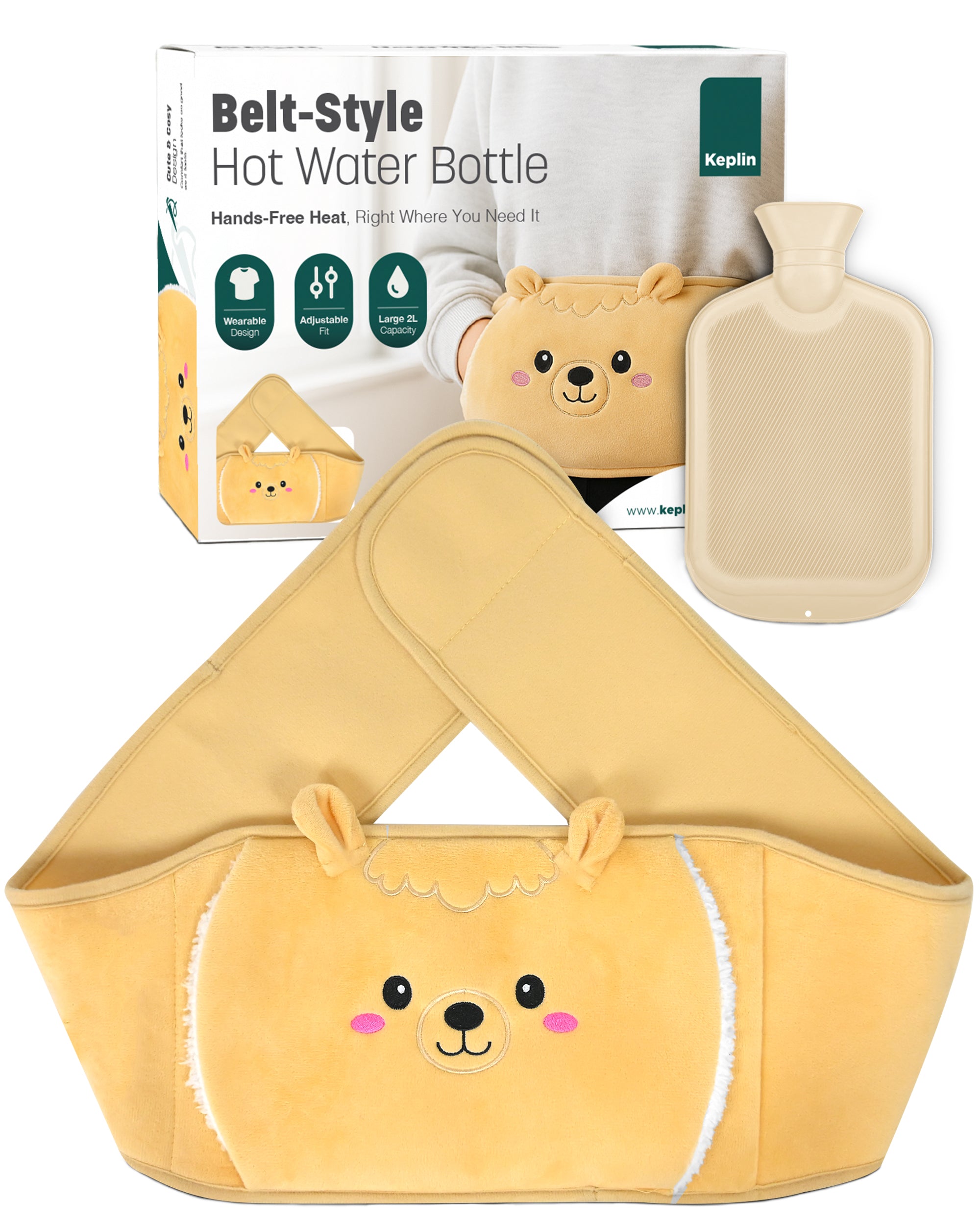 KEPLIN Hot Water Bottle Belt with Plush Waist Cover - 2L Premium Natural Rubber Hot Water Bag for Cramps & Muscle Relaxation - Safe, Durable, Long-Lasting Heat Therapy