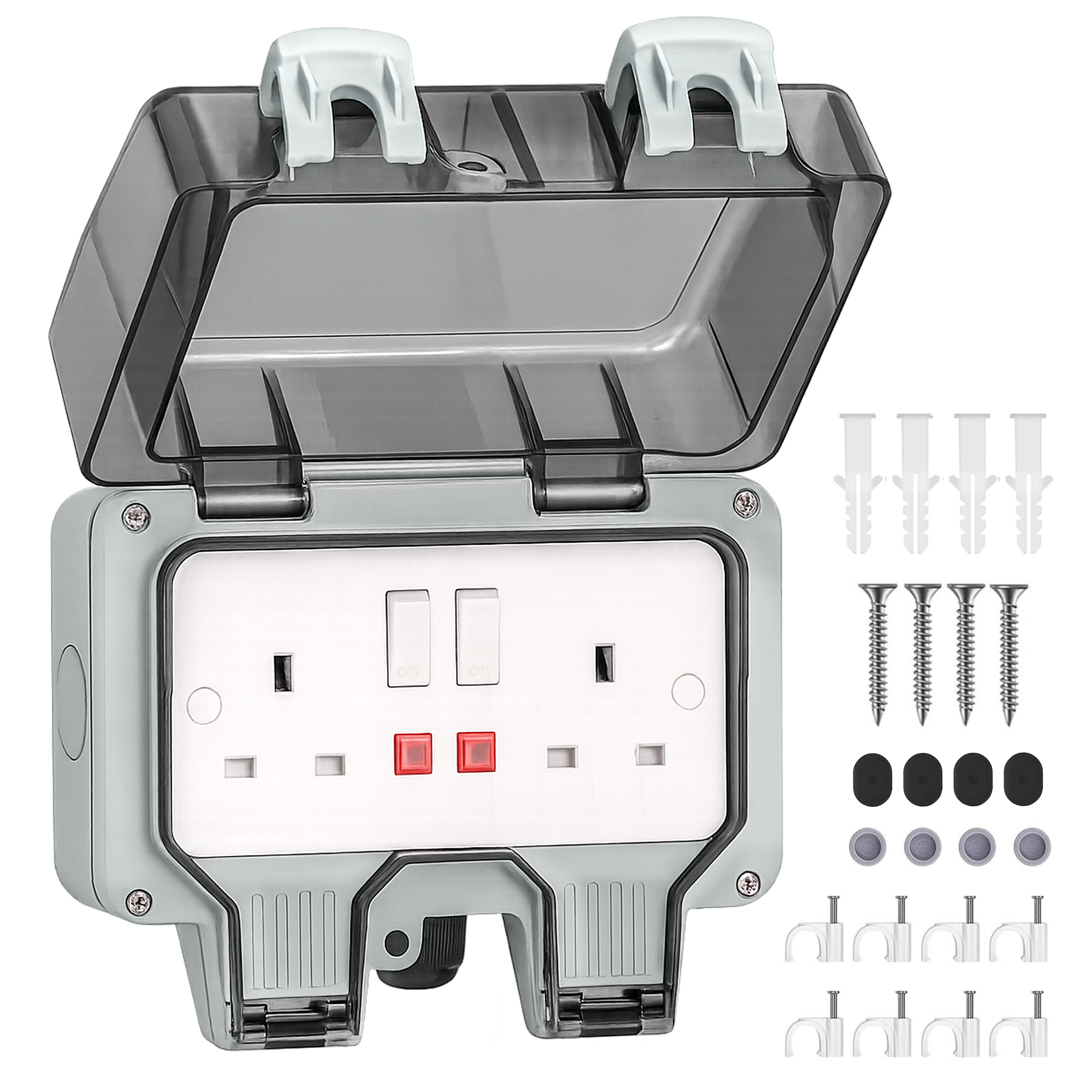 Desiretech Outdoor Double Switched Socket – IP66 Waterproof & Dustproof Socket – 2 Gang Plug with LED Indicators – High Impact PC Housing – Weatherproof Power Outlet for Sheds & Garages