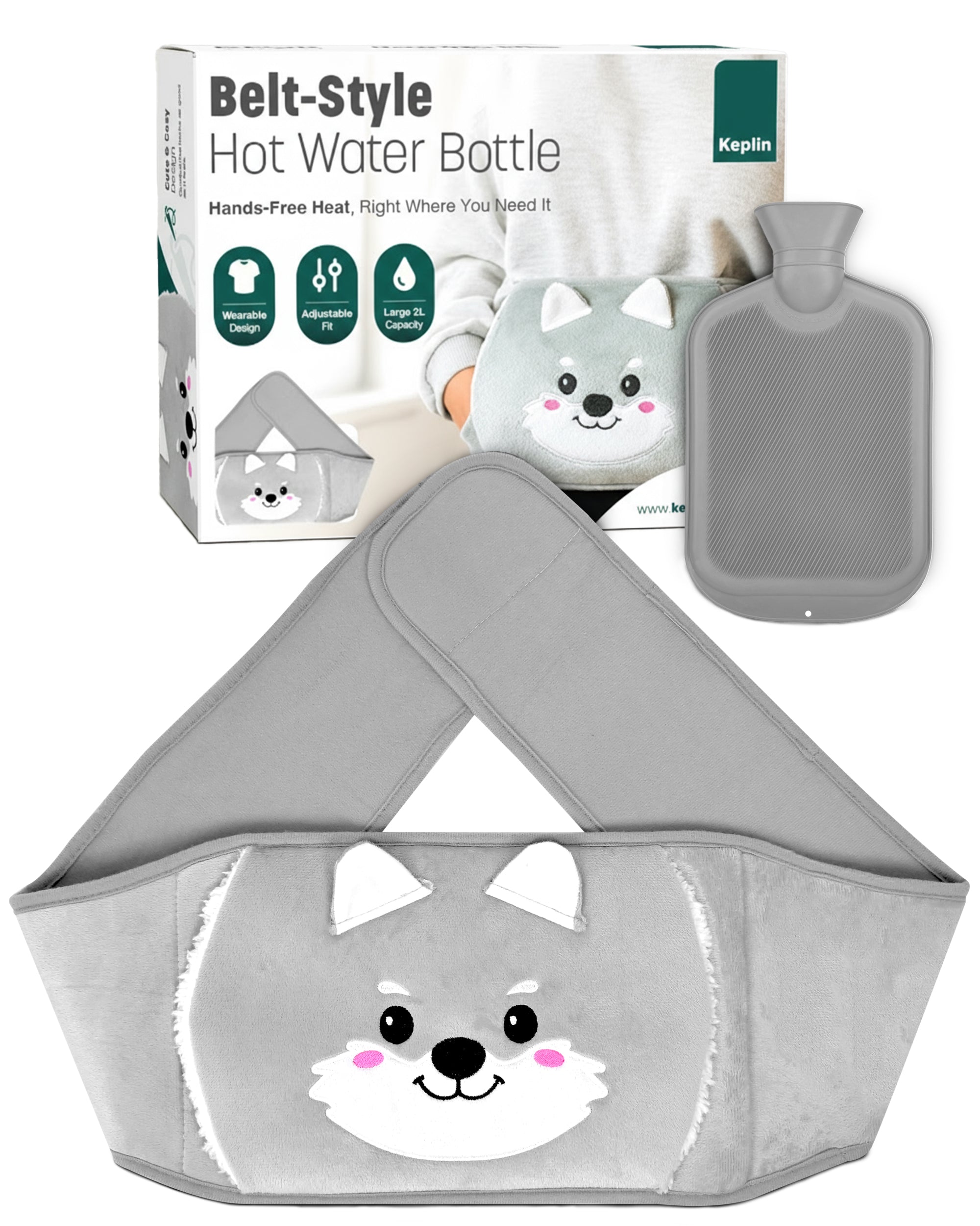 KEPLIN Hot Water Bottle Belt with Plush Waist Cover - 2L Premium Natural Rubber Hot Water Bag for Cramps & Muscle Relaxation - Safe, Durable, Long-Lasting Heat Therapy