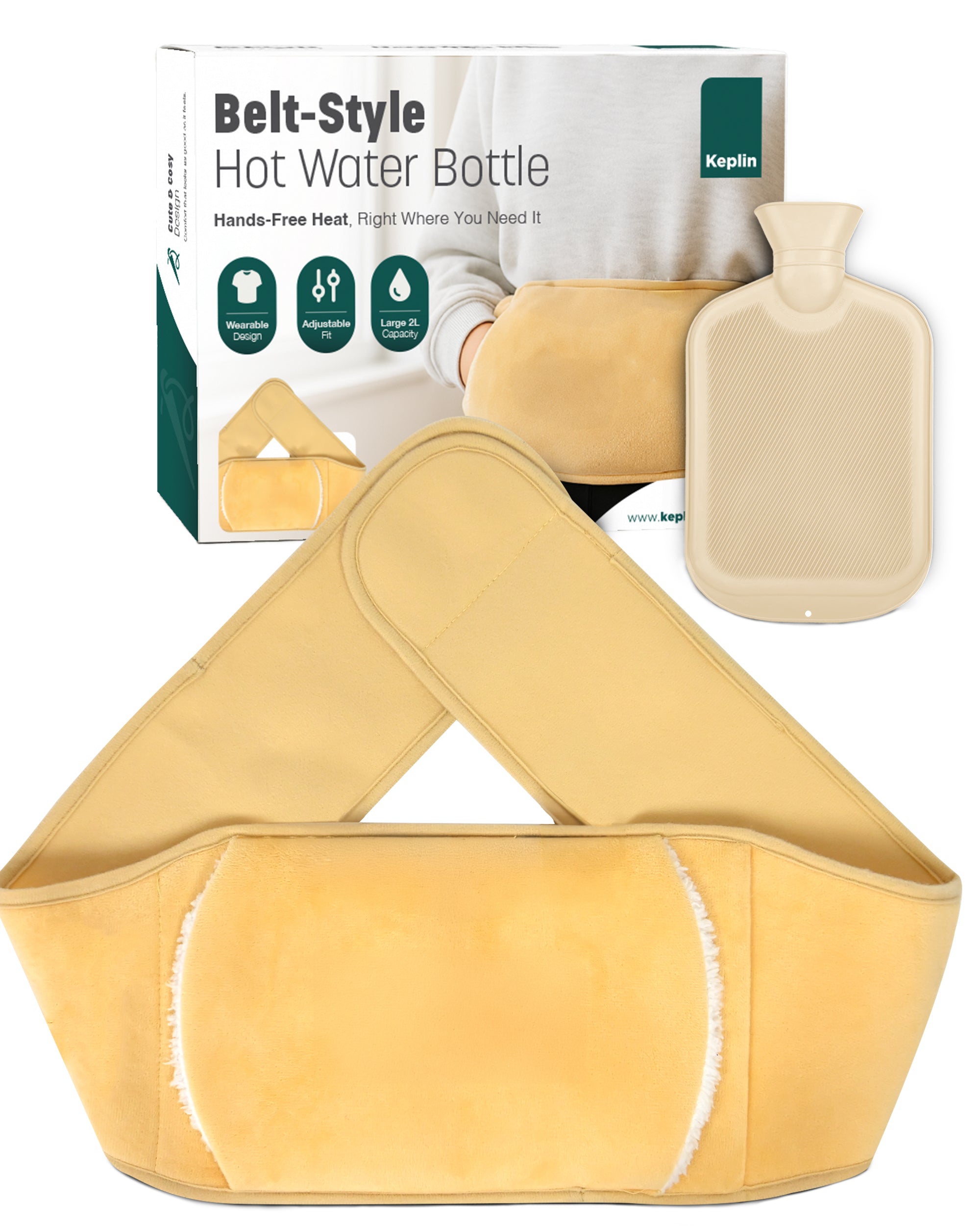 KEPLIN Hot Water Bottle Belt with Plush Waist Cover - 2L Premium Natural Rubber Hot Water Bag for Cramps & Muscle Relaxation - Safe, Durable, Long-Lasting Heat Therapy
