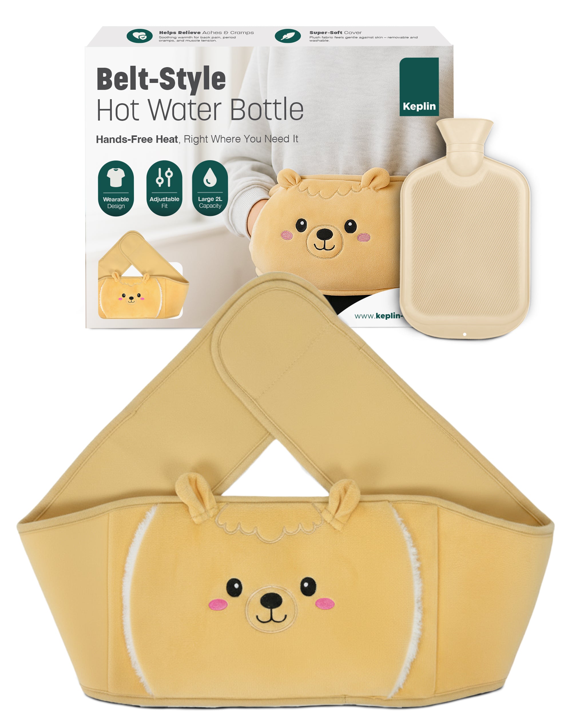KEPLIN Hot Water Bottle Belt with Plush Waist Cover - 2L Premium Natural Rubber Hot Water Bag for Cramps & Muscle Relaxation - Safe, Durable, Long-Lasting Heat Therapy