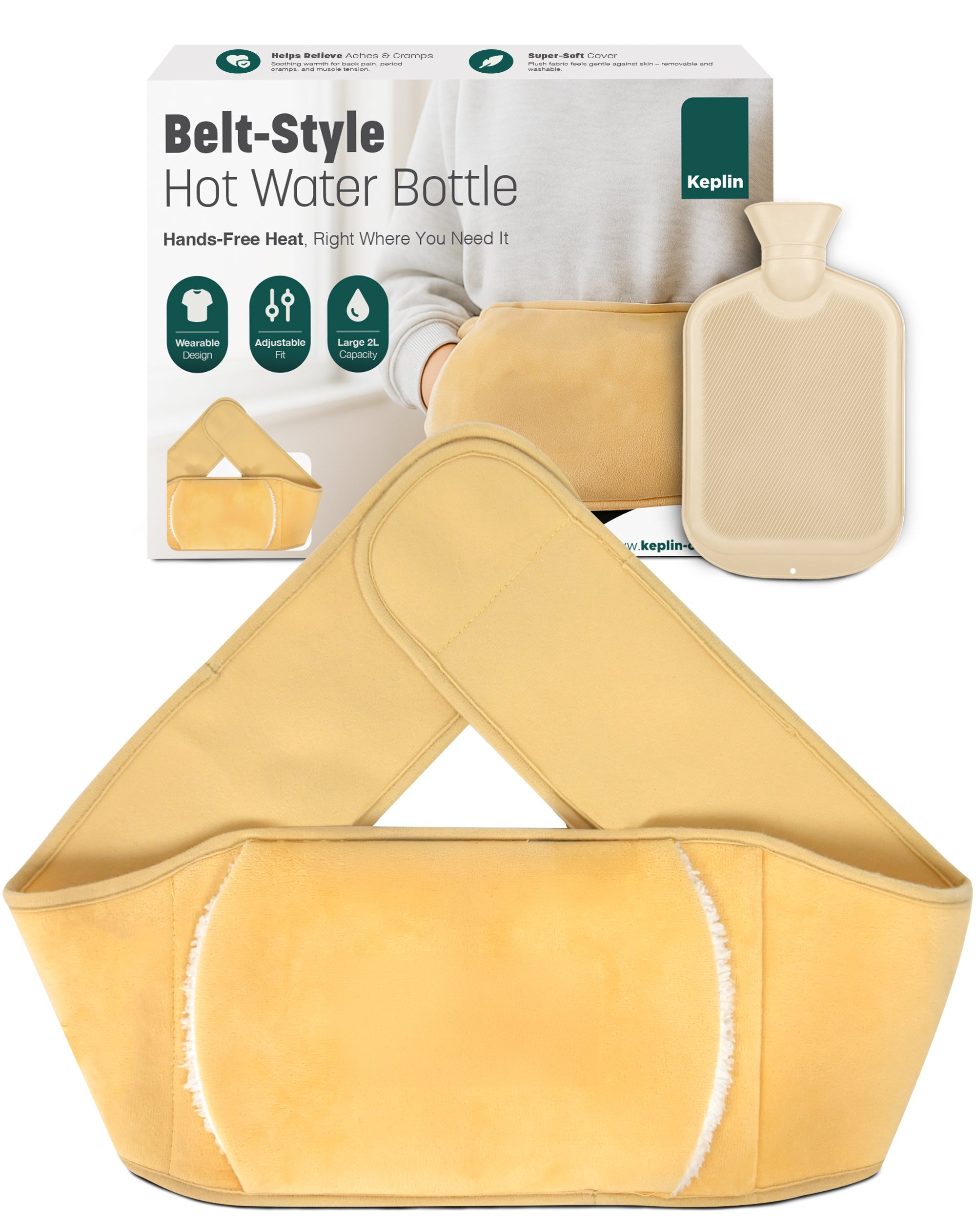 KEPLIN Hot Water Bottle Belt with Plush Waist Cover - 2L Premium Natural Rubber Hot Water Bag for Cramps & Muscle Relaxation - Safe, Durable, Long-Lasting Heat Therapy