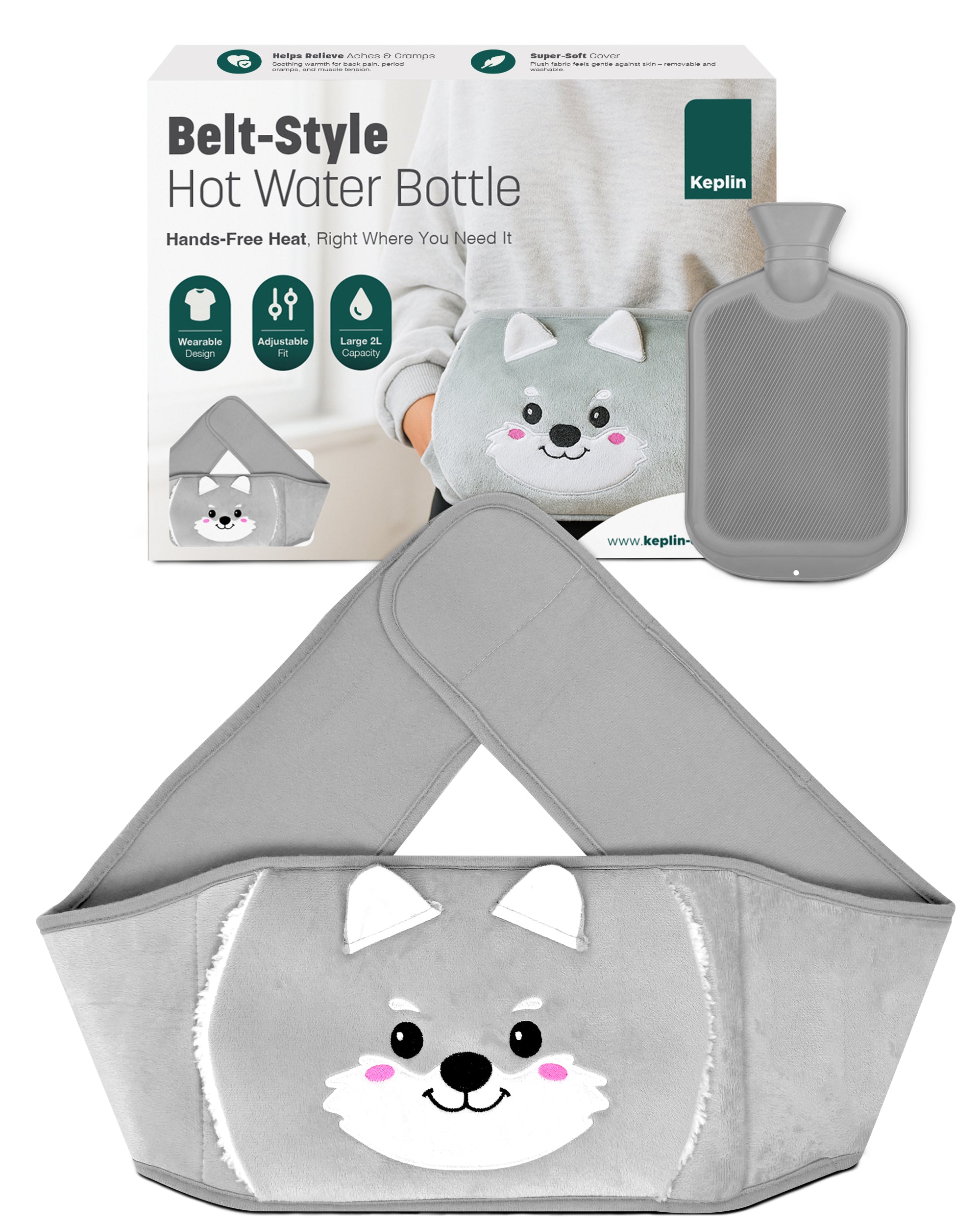 KEPLIN Hot Water Bottle Belt with Plush Waist Cover - 2L Premium Natural Rubber Hot Water Bag for Cramps & Muscle Relaxation - Safe, Durable, Long-Lasting Heat Therapy