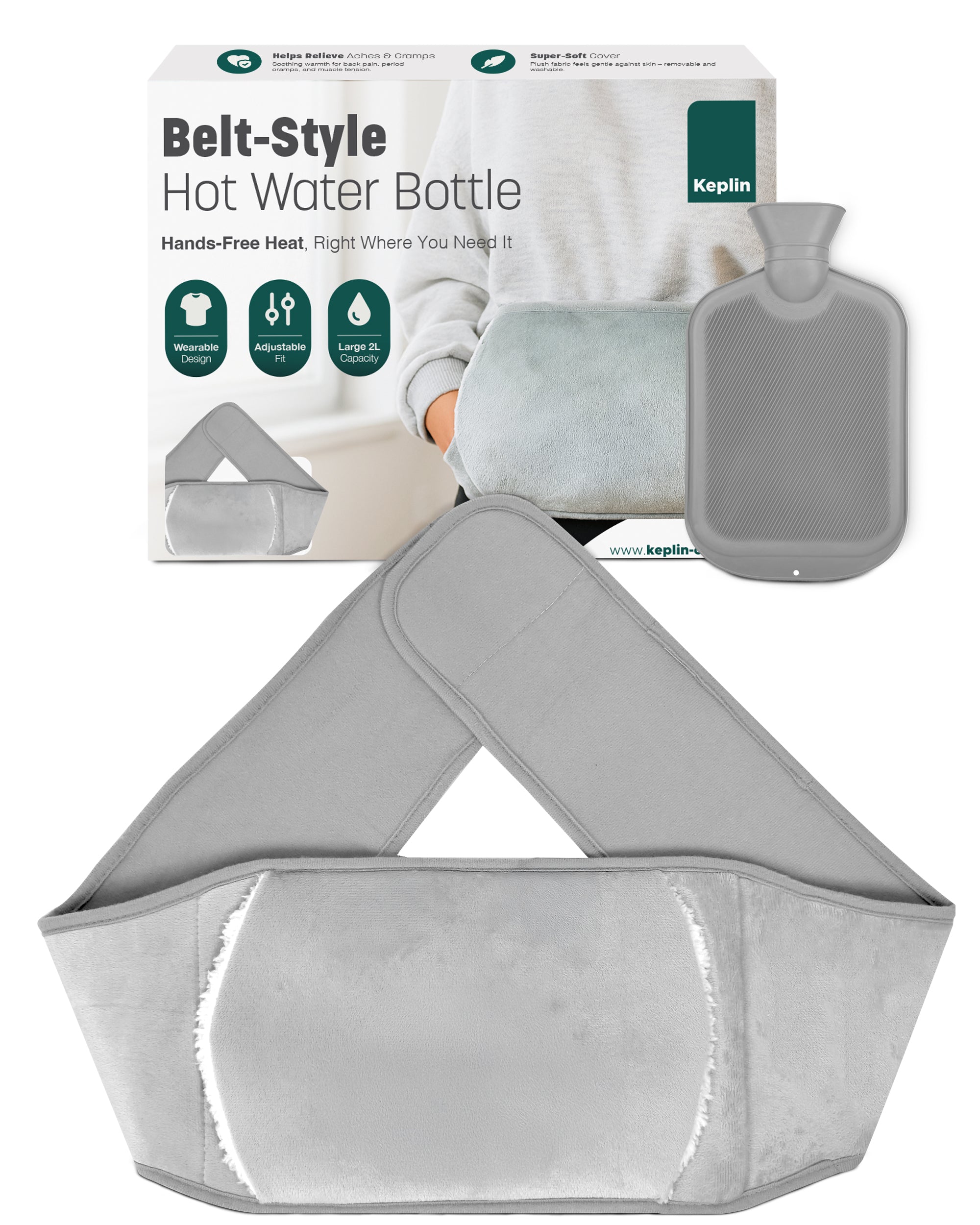 KEPLIN Hot Water Bottle Belt with Plush Waist Cover - 2L Premium Natural Rubber Hot Water Bag for Cramps & Muscle Relaxation - Safe, Durable, Long-Lasting Heat Therapy