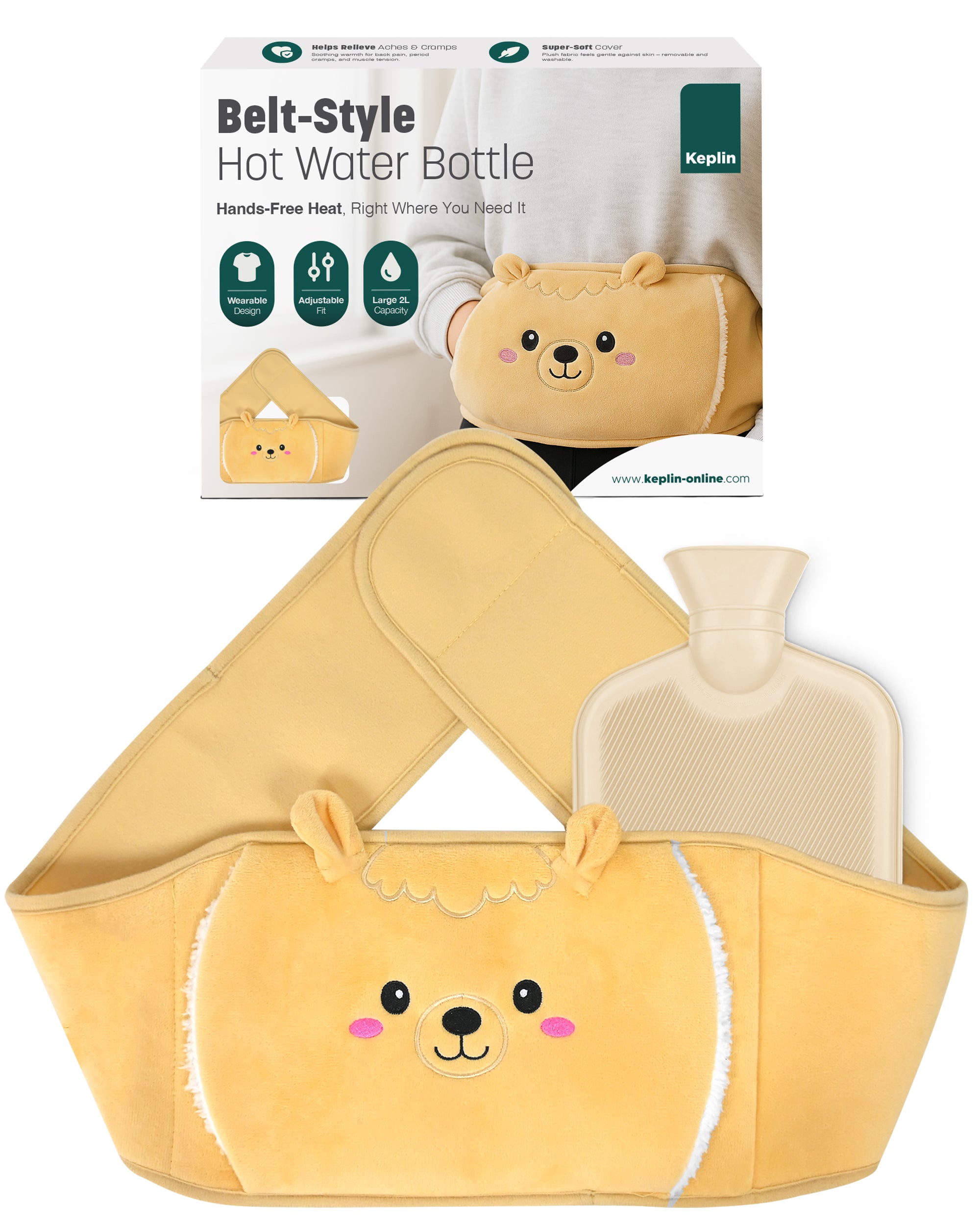 KEPLIN Hot Water Bottle Belt with Plush Waist Cover - 2L Premium Natural Rubber Hot Water Bag for Cramps & Muscle Relaxation - Safe, Durable, Long-Lasting Heat Therapy