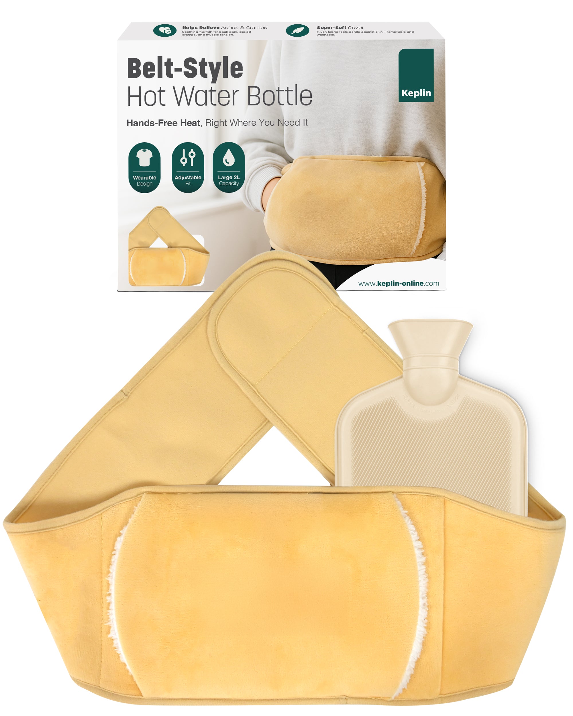 KEPLIN Hot Water Bottle Belt with Plush Waist Cover - 2L Premium Natural Rubber Hot Water Bag for Cramps & Muscle Relaxation - Safe, Durable, Long-Lasting Heat Therapy