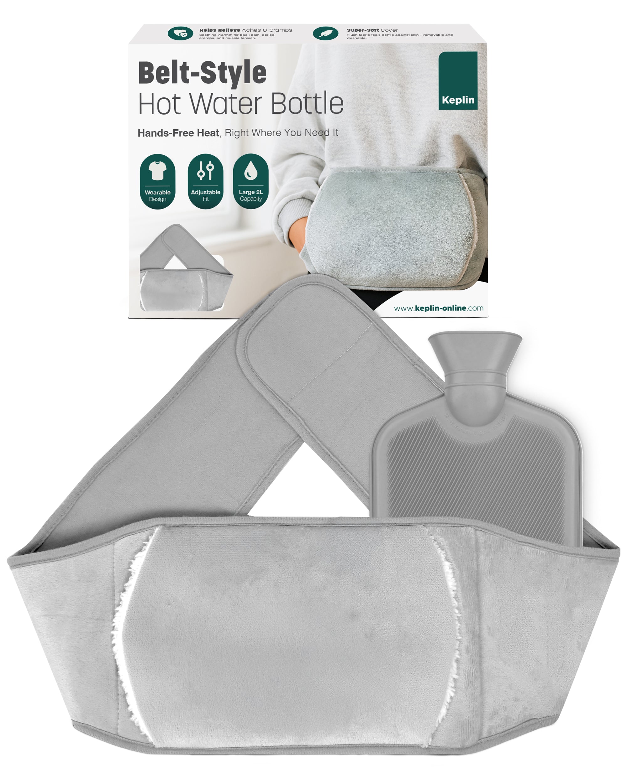 KEPLIN Hot Water Bottle Belt with Plush Waist Cover - 2L Premium Natural Rubber Hot Water Bag for Cramps & Muscle Relaxation - Safe, Durable, Long-Lasting Heat Therapy