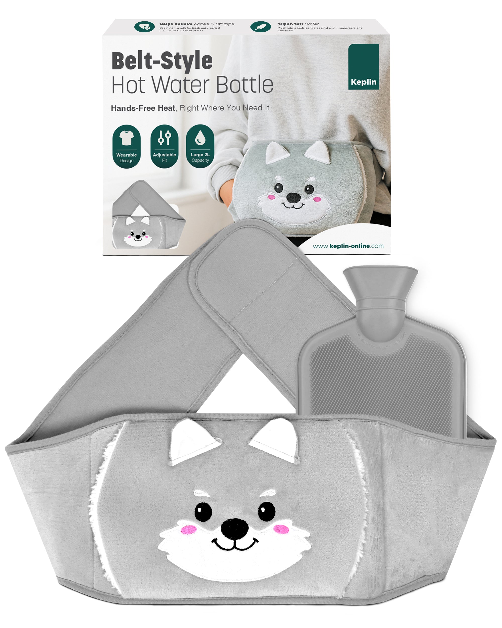 KEPLIN Hot Water Bottle Belt with Plush Waist Cover - 2L Premium Natural Rubber Hot Water Bag for Cramps & Muscle Relaxation - Safe, Durable, Long-Lasting Heat Therapy