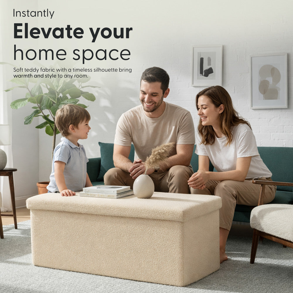 KEPLIN Storage Ottoman Bench 76×38×38 cm – Large 90 L Hidden Storage, Rapid Fold‐Flat Design, 150kg Load Capacity, Tufted Teddy Fabric Finish – Ideal for Hallway, Bedroom, Living Room