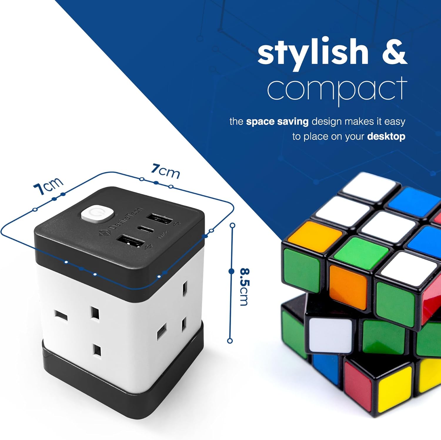 Desiretech Compact Extension Lead Cube - 2 USB Ports, 1 USB-C, 4 AC Outlets, Surge Protection, 1.5m Cord - Portable Power Strip for Home, Office, and Travel