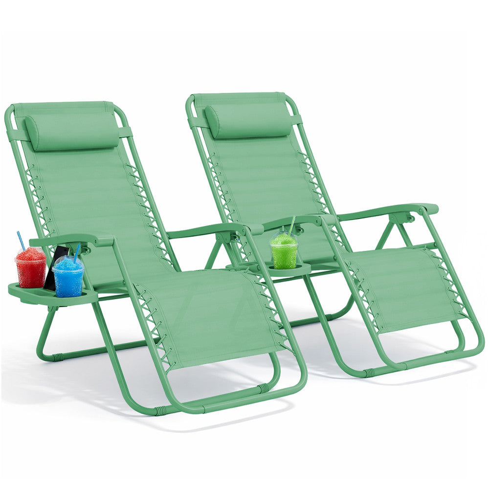 KEPLIN Set of 2 Heavy Duty Monocolour and Basic Textoline Zero Gravity Chairs for Garden Light Reclining Patio Sun loungers Easy to Clean Adjustable Head Rest Foldable with Cup & Phone Holder