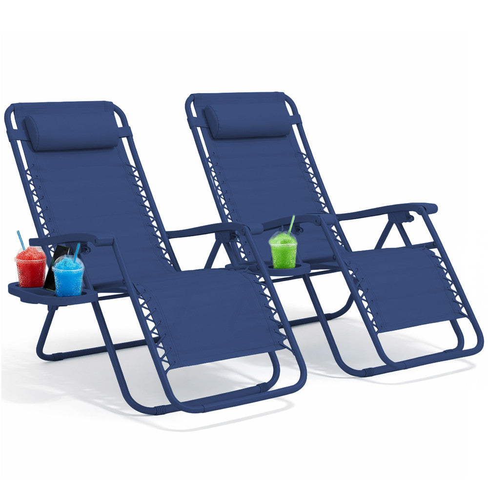 KEPLIN Set of 2 Heavy Duty Monocolour and Basic Textoline Zero Gravity Chairs for Garden Light Reclining Patio Sun loungers Easy to Clean Adjustable Head Rest Foldable with Cup & Phone Holder