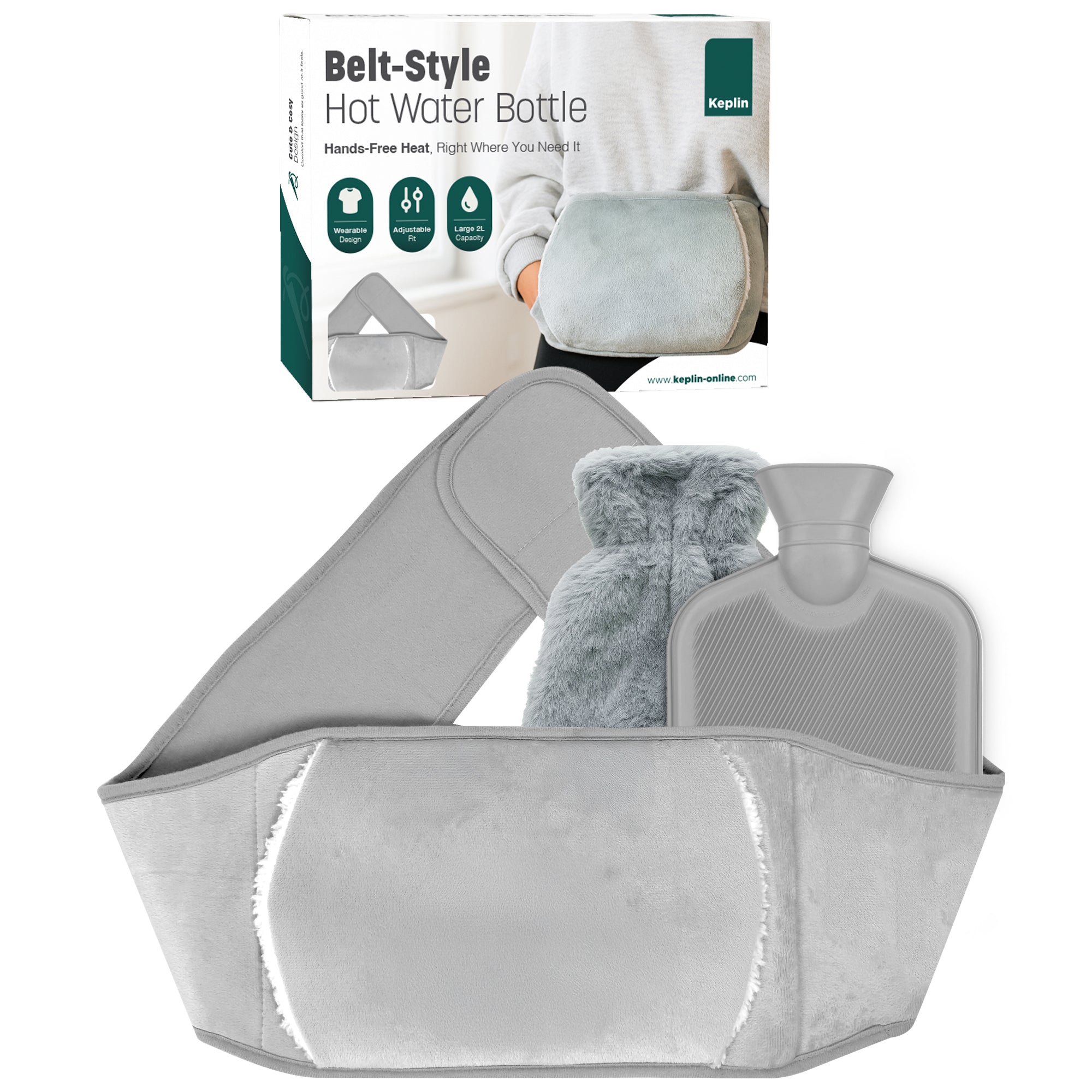 KEPLIN Hot Water Bottle Belt with Plush Waist Cover - 2L Premium Natural Rubber Hot Water Bag for Cramps & Muscle Relaxation - Safe, Durable, Long-Lasting Heat Therapy