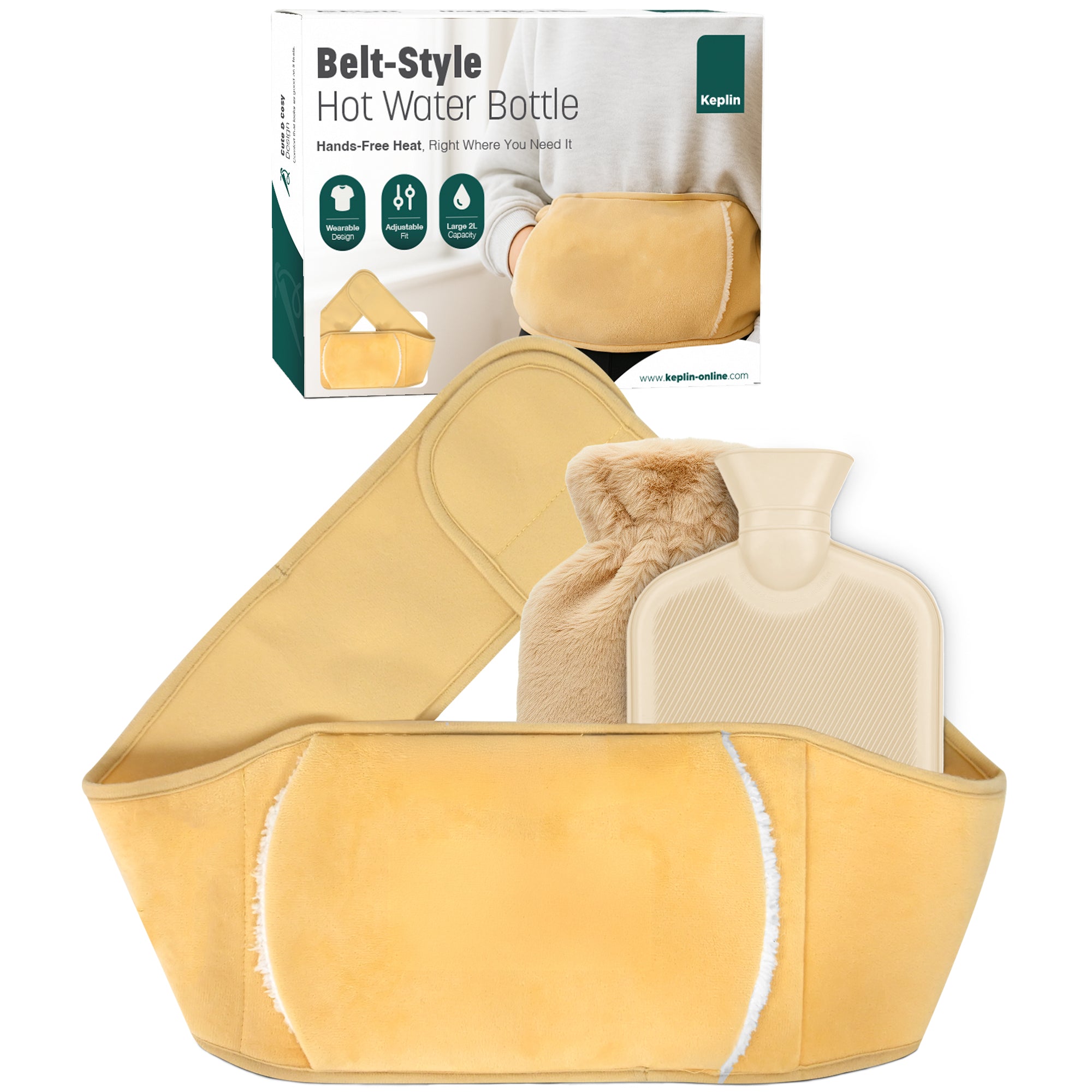 KEPLIN Hot Water Bottle Belt with Plush Waist Cover - 2L Premium Natural Rubber Hot Water Bag for Cramps & Muscle Relaxation - Safe, Durable, Long-Lasting Heat Therapy