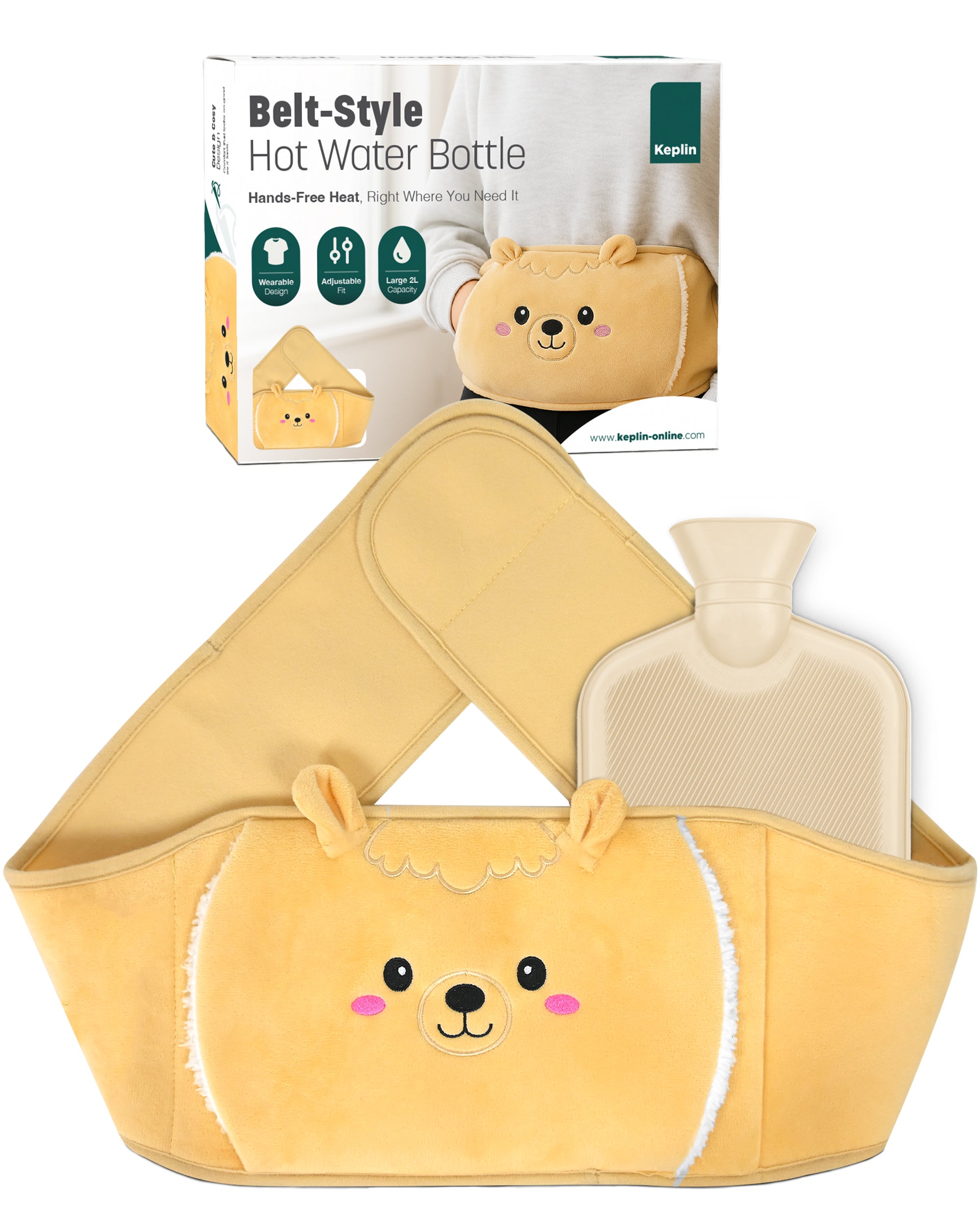KEPLIN Hot Water Bottle Belt with Plush Waist Cover - 2L Premium Natural Rubber Hot Water Bag for Cramps & Muscle Relaxation - Safe, Durable, Long-Lasting Heat Therapy
