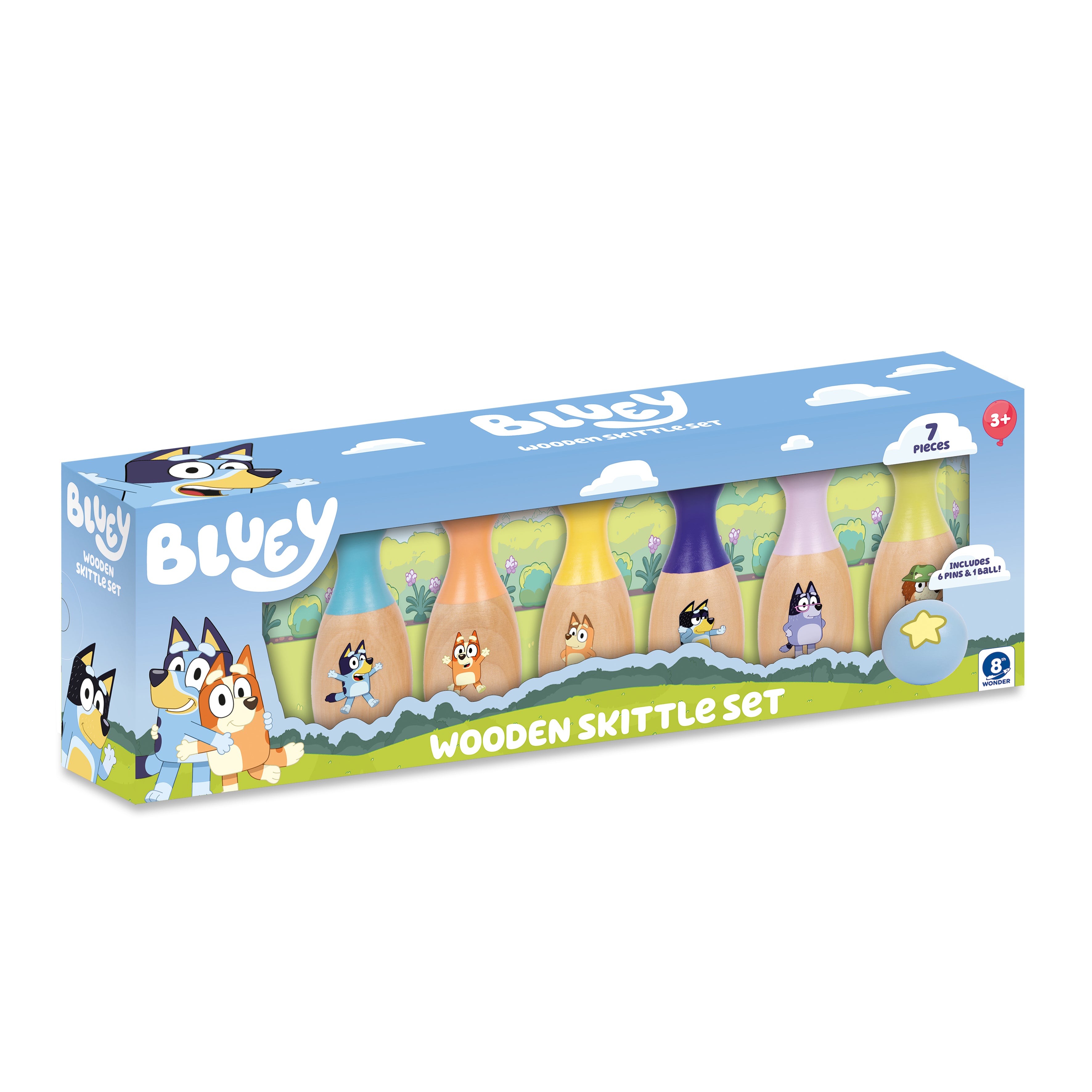 Bluey Wooden Classic Skittles, 7-Piece Colorful Set –FSC Certified Sustainable Wood –Indoor &Outdoor Bowling Game for Kids–Enhances Hand-Eye Coordination–Includes 6 Character Pins & 1 Ball