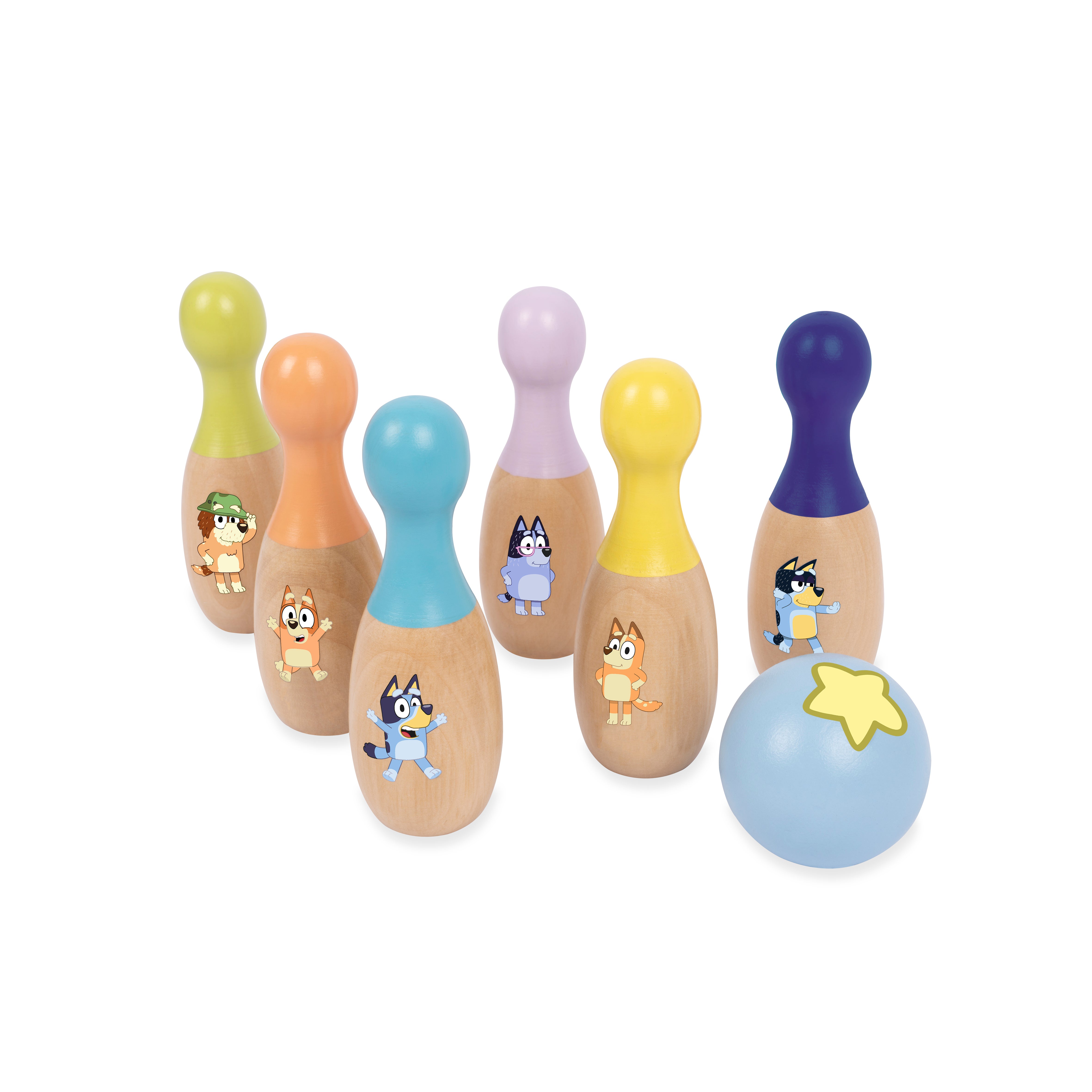 Bluey Wooden Classic Skittles, 7-Piece Colorful Set –FSC Certified Sustainable Wood –Indoor &Outdoor Bowling Game for Kids–Enhances Hand-Eye Coordination–Includes 6 Character Pins & 1 Ball