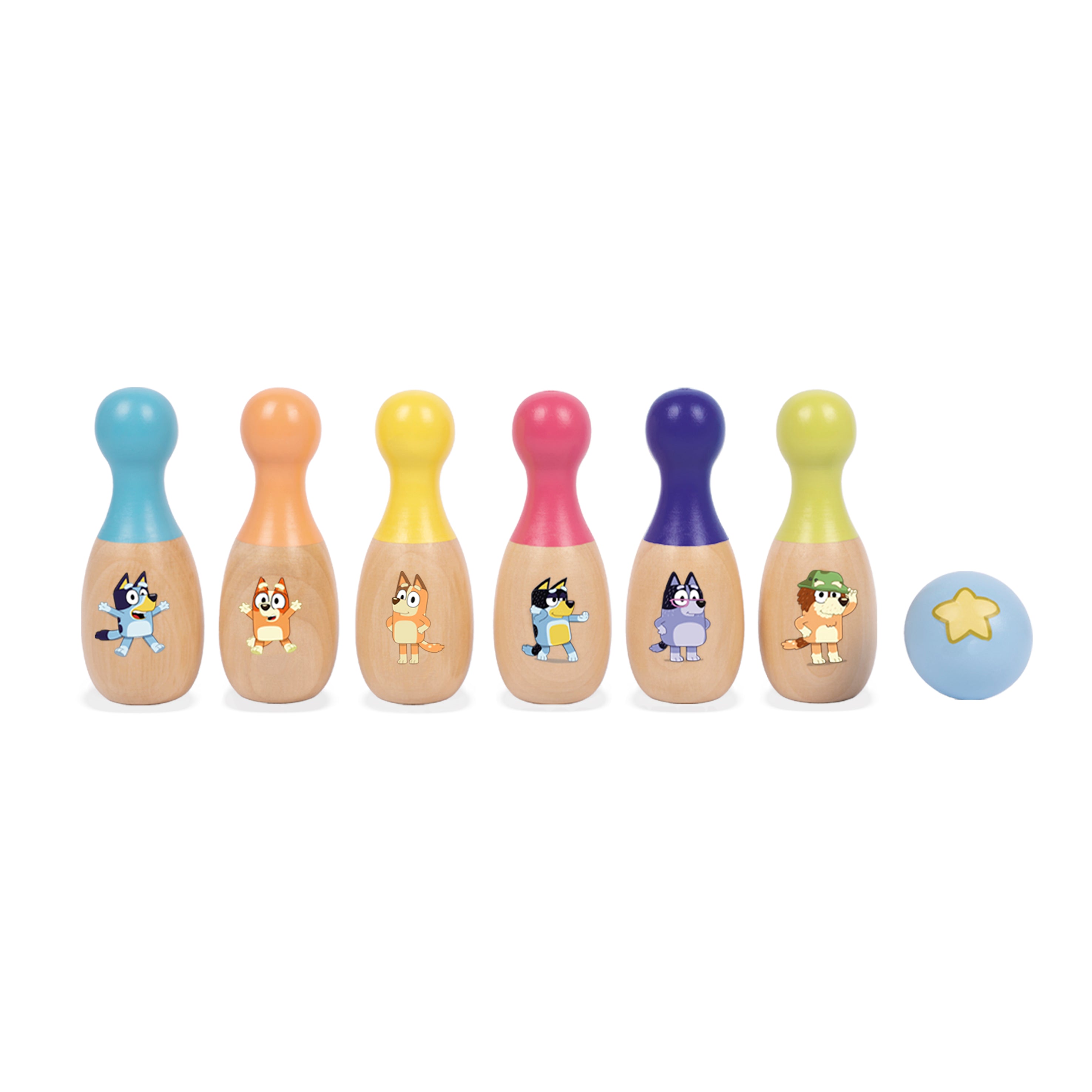 Bluey Wooden Classic Skittles, 7-Piece Colorful Set –FSC Certified Sustainable Wood –Indoor &Outdoor Bowling Game for Kids–Enhances Hand-Eye Coordination–Includes 6 Character Pins & 1 Ball