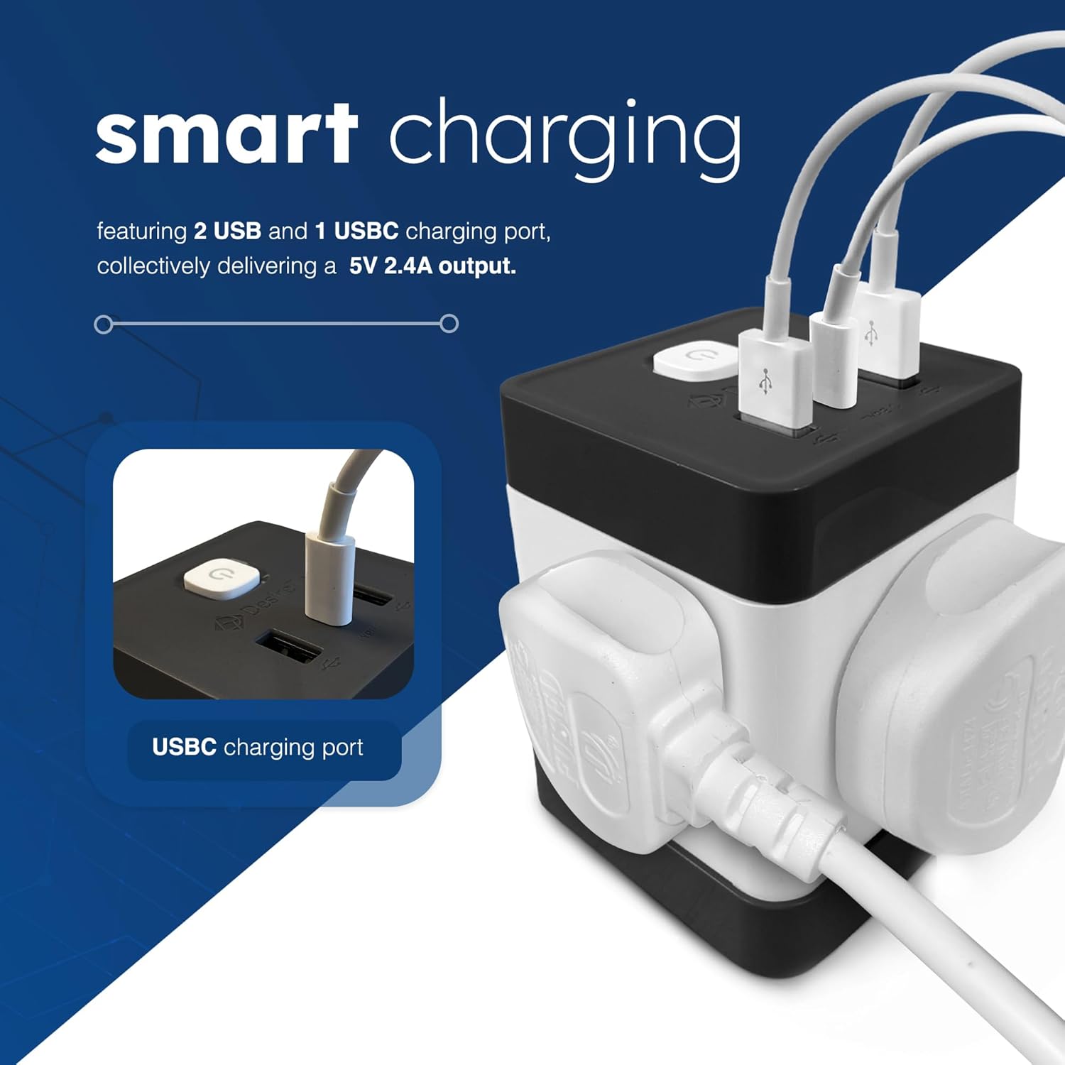 Desiretech Compact Extension Lead Cube - 2 USB Ports, 1 USB-C, 4 AC Outlets, Surge Protection, 1.5m Cord - Portable Power Strip for Home, Office, and Travel