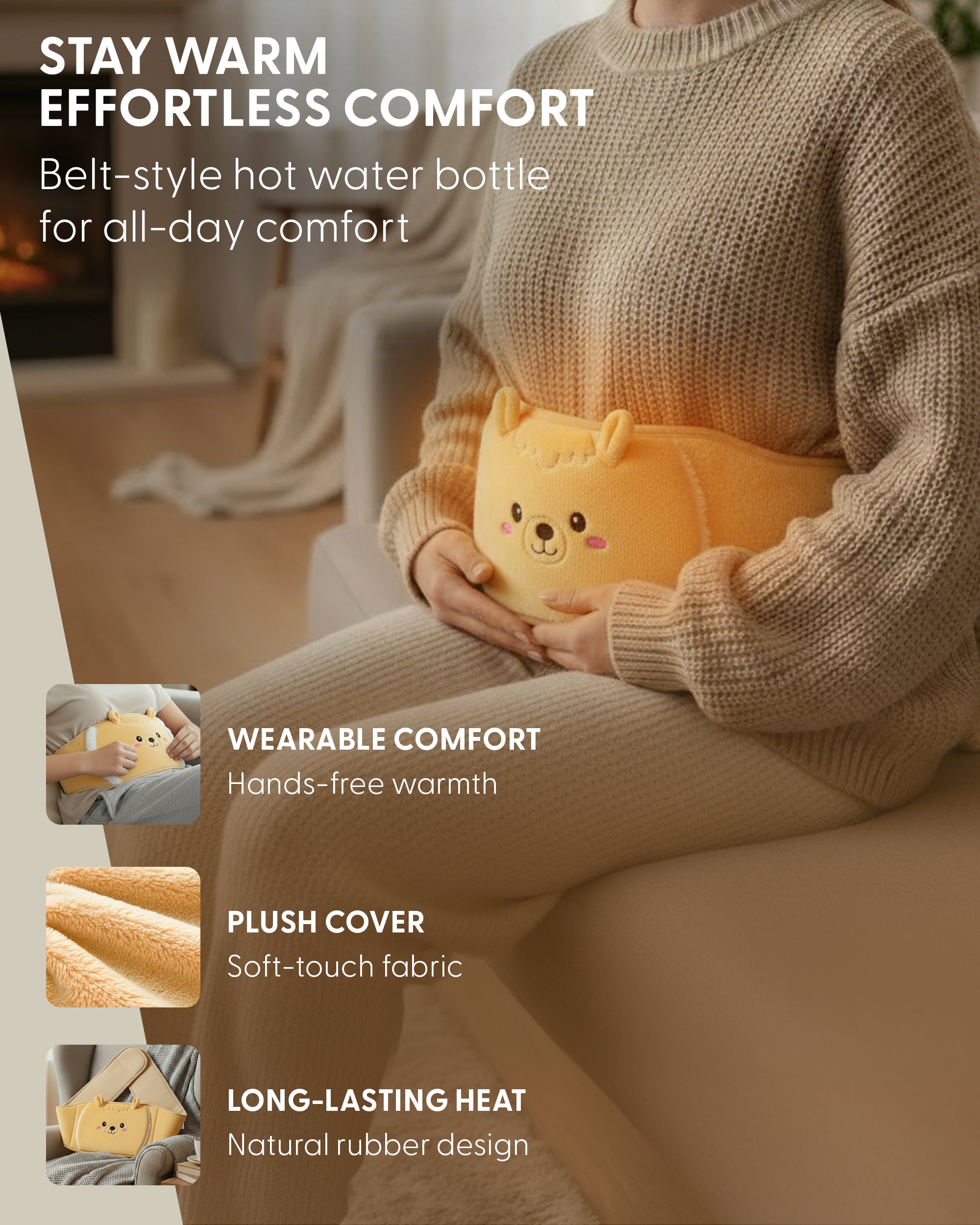 KEPLIN Hot Water Bottle Belt with Plush Waist Cover - 2L Premium Natural Rubber Hot Water Bag for Cramps & Muscle Relaxation - Safe, Durable, Long-Lasting Heat Therapy
