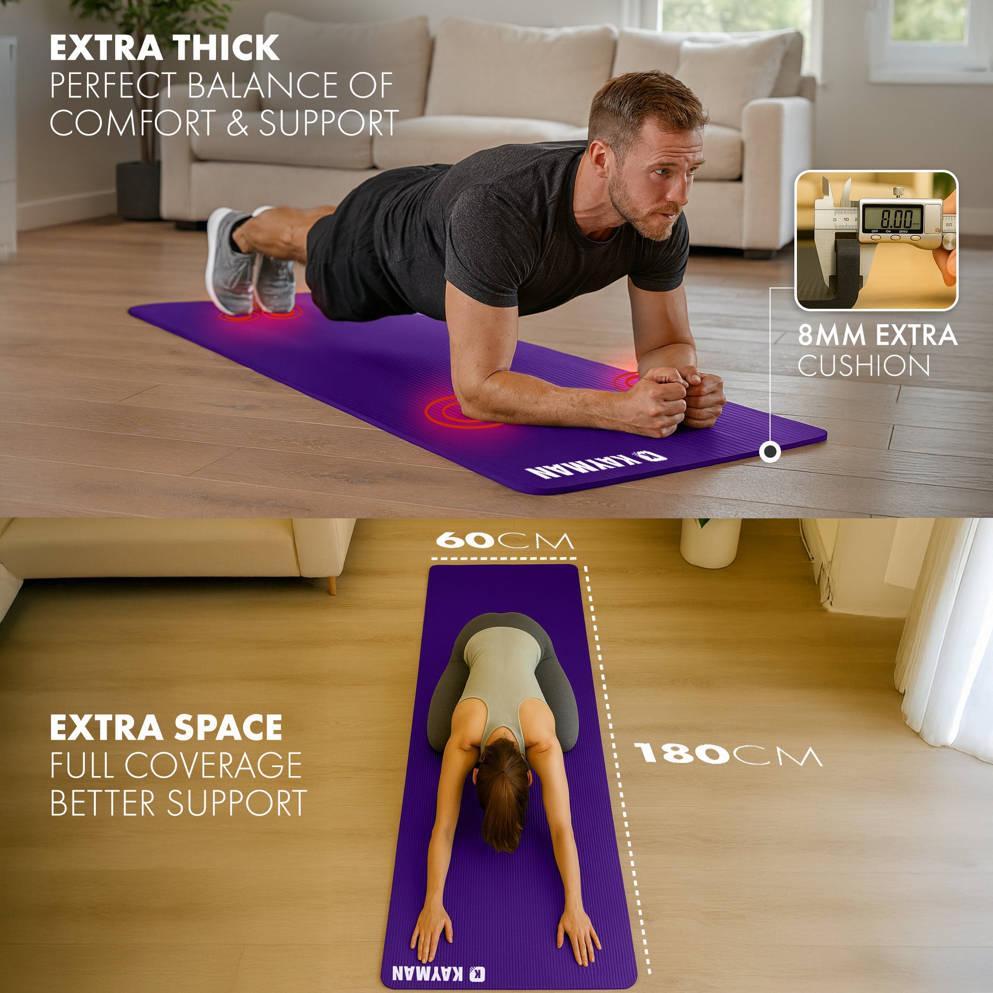 KAYMAN Yoga Mat – Extra Thick Foam Exercise Mat for Pilates, Stretching, Resistance Workouts & Therapy | Ideal for Home & Gym | 183 x 60cm