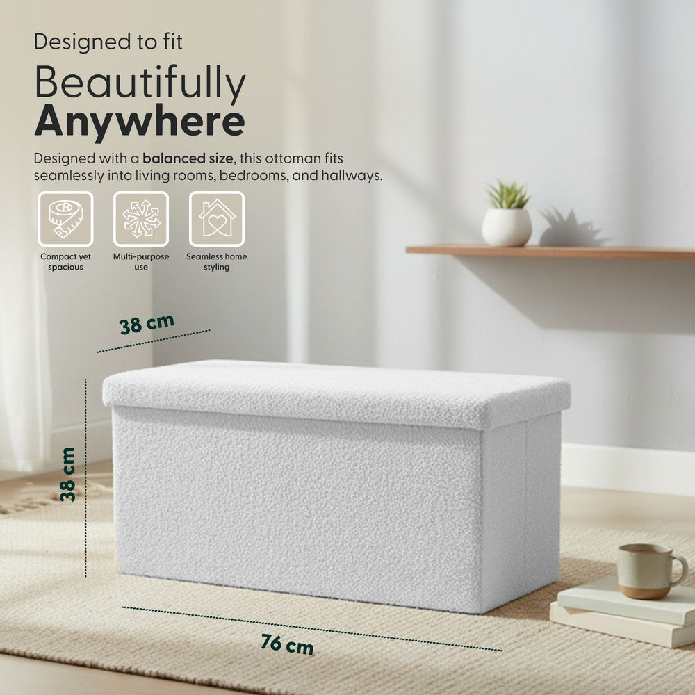 KEPLIN Storage Ottoman Bench 76×38×38 cm – Large 90 L Hidden Storage, Rapid Fold‐Flat Design, 150kg Load Capacity, Tufted Teddy Fabric Finish – Ideal for Hallway, Bedroom, Living Room
