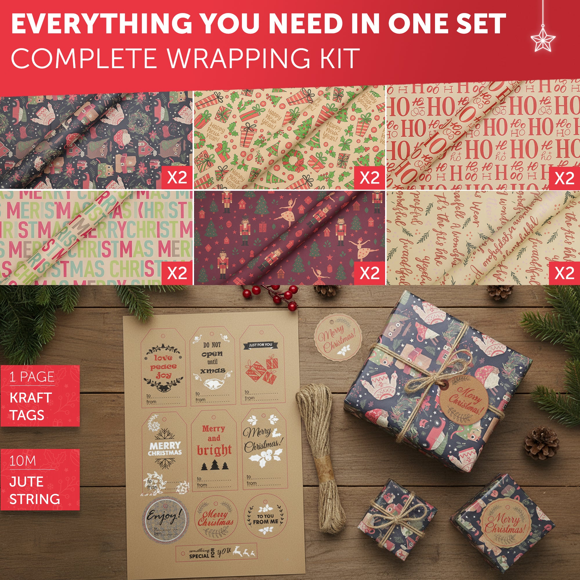 Kraft & Co - Christmas Wrapping Paper 12 Sheets - Kraft Gift Wrap Sheets 50 x 70cm, 6 Festive Holiday Designs with Tags & Twine