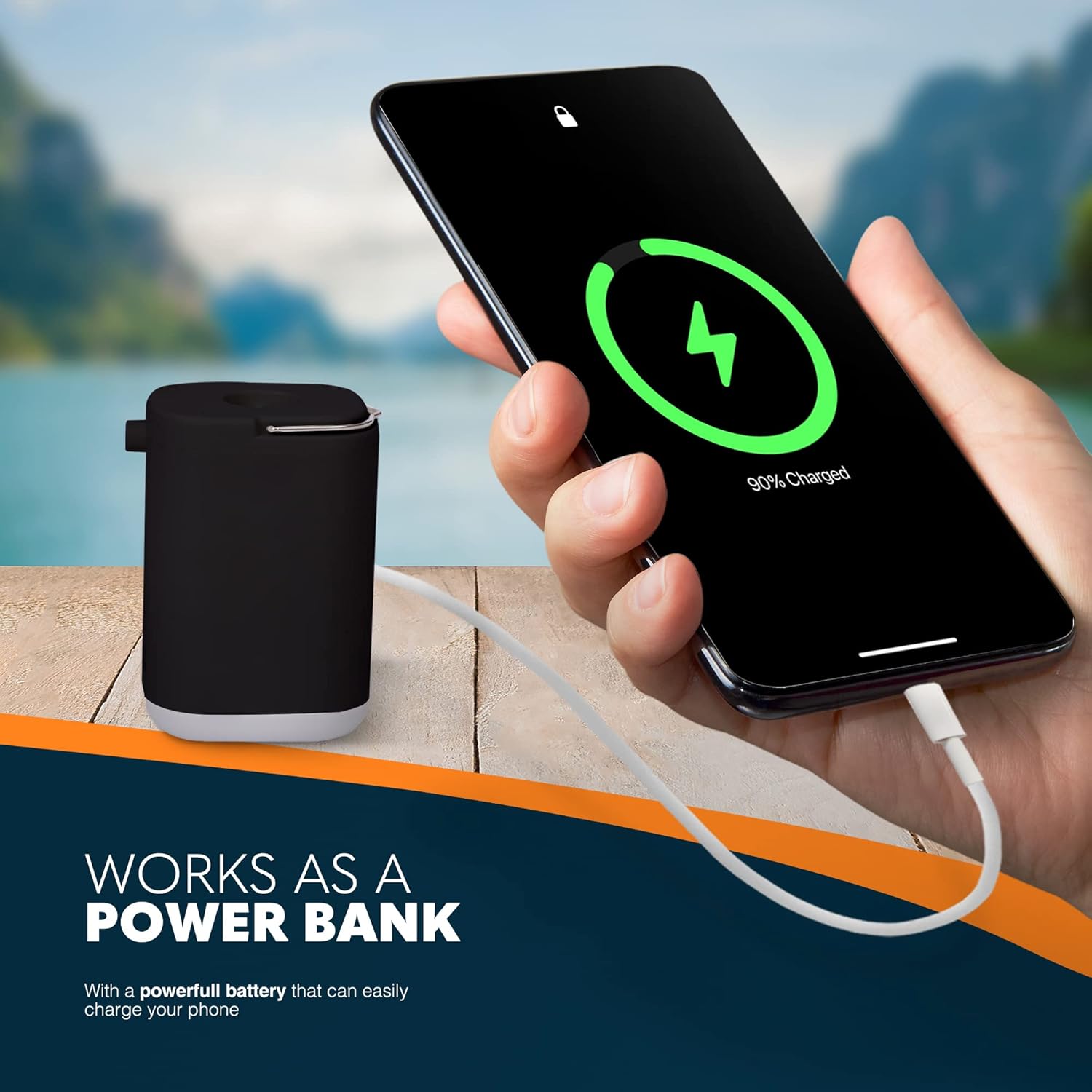 Voyager Portable Air Pump with Inflation & Deflation, Camping Lantern, and Power Bank – 2400mAh Battery, SOS Light, Compact for Camping, Outdoors, Hiking, Air Beds, Vacuum Storage Bags, & Pools