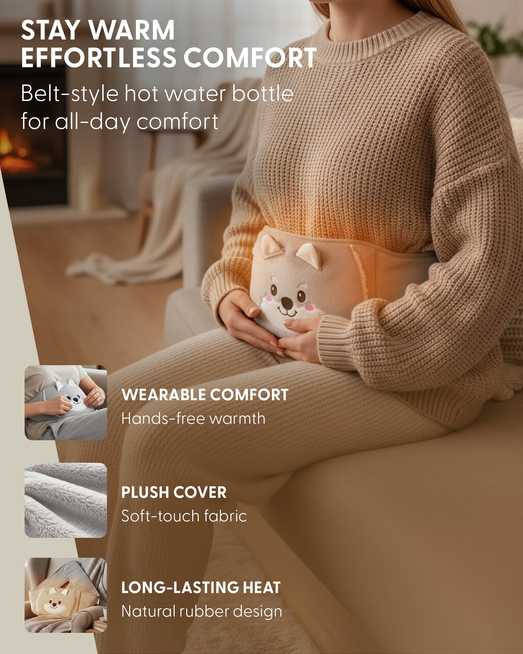 KEPLIN Hot Water Bottle Belt with Plush Waist Cover - 2L Premium Natural Rubber Hot Water Bag for Cramps & Muscle Relaxation - Safe, Durable, Long-Lasting Heat Therapy