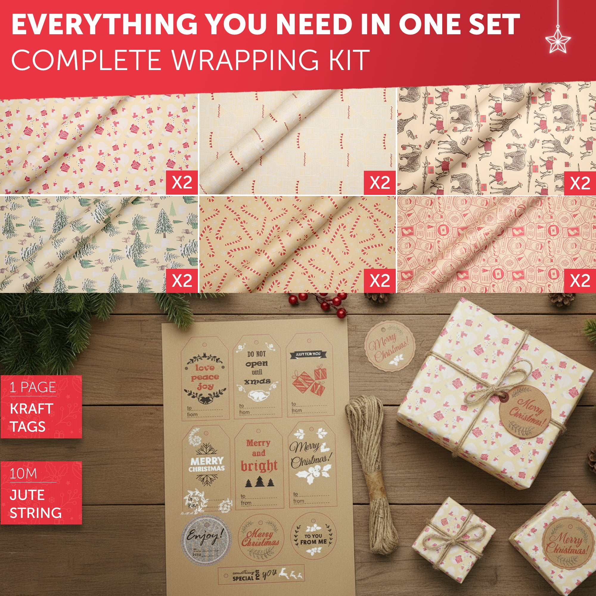 Kraft & Co - Christmas Wrapping Paper 12 Sheets - Kraft Gift Wrap Sheets 50 x 70cm, 6 Festive Holiday Designs with Tags & Twine