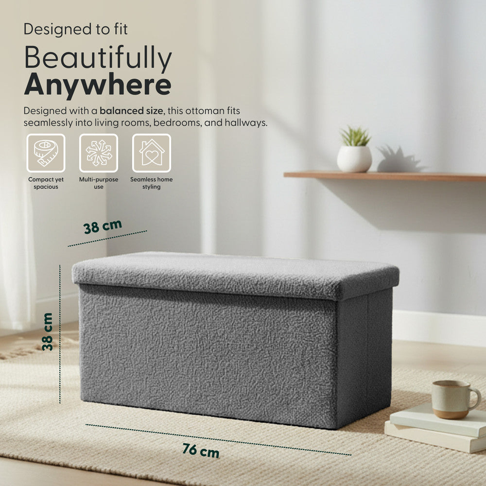 KEPLIN Storage Ottoman Bench 76×38×38 cm – Large 90 L Hidden Storage, Rapid Fold‐Flat Design, 150kg Load Capacity, Tufted Teddy Fabric Finish – Ideal for Hallway, Bedroom, Living Room