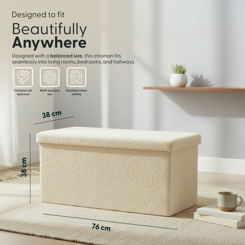 KEPLIN Storage Ottoman Bench 76×38×38 cm – Large 90 L Hidden Storage, Rapid Fold‐Flat Design, 150kg Load Capacity, Tufted Teddy Fabric Finish – Ideal for Hallway, Bedroom, Living Room