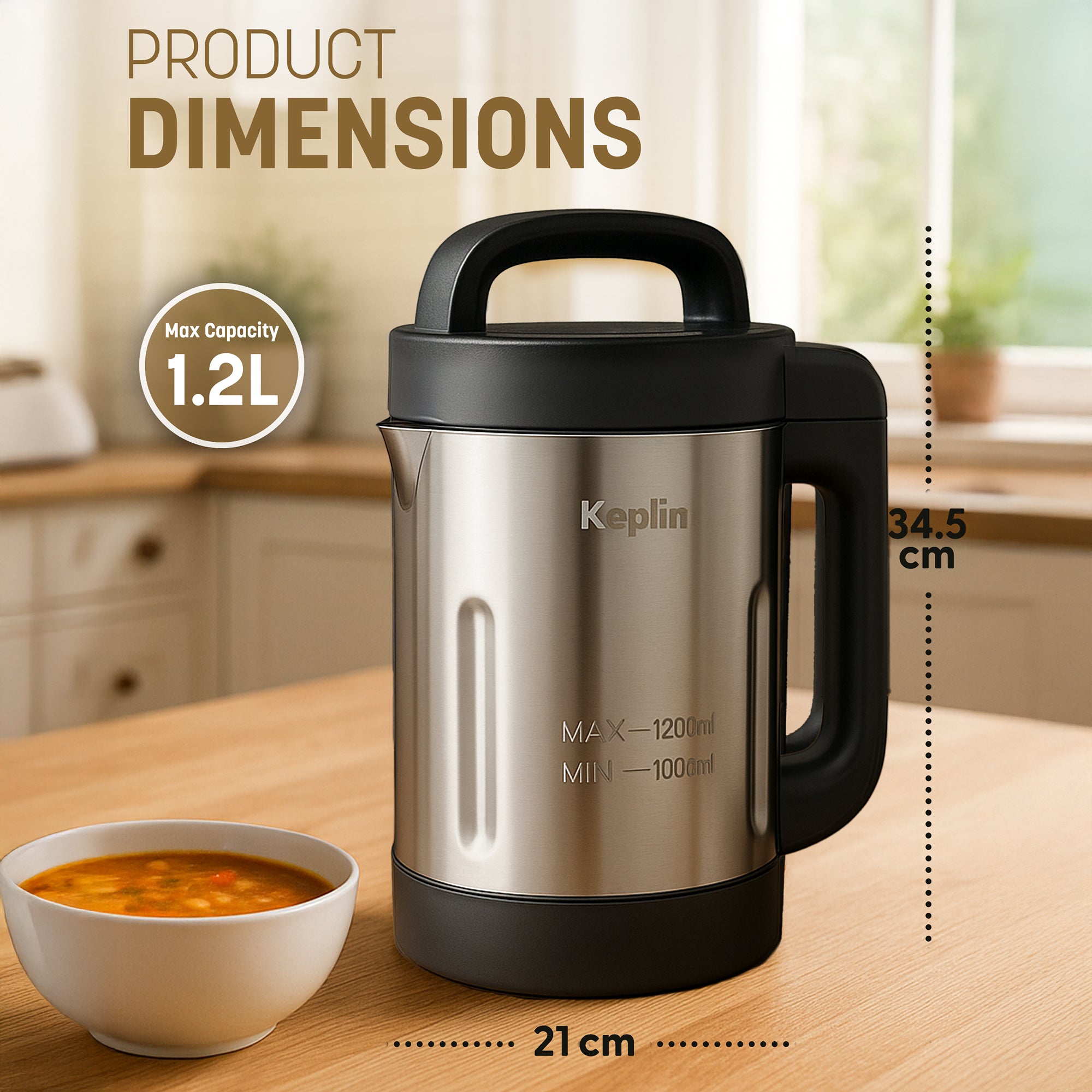 KEPLIN Soup Maker – 1.2L Multi-Function Blender & Soup Maker, Intelligent Safety Sensors, LED Control Panel, Easy Clean & Keep Warm - Stainless Steel, 2 Year Warranty