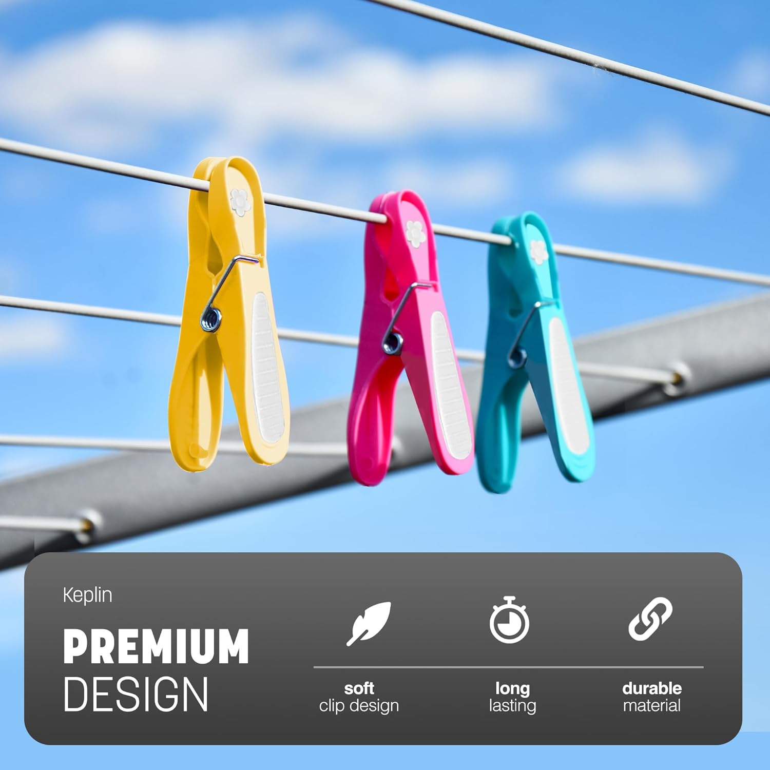 KEPLIN Clothes Pegs for Washing Line - 20 Pack (Multicolour), Washing Line Pegs with Metal Spring for Strong Grip, Designed to Avoid Marks, UV Resistant for Indoor & Outdoor