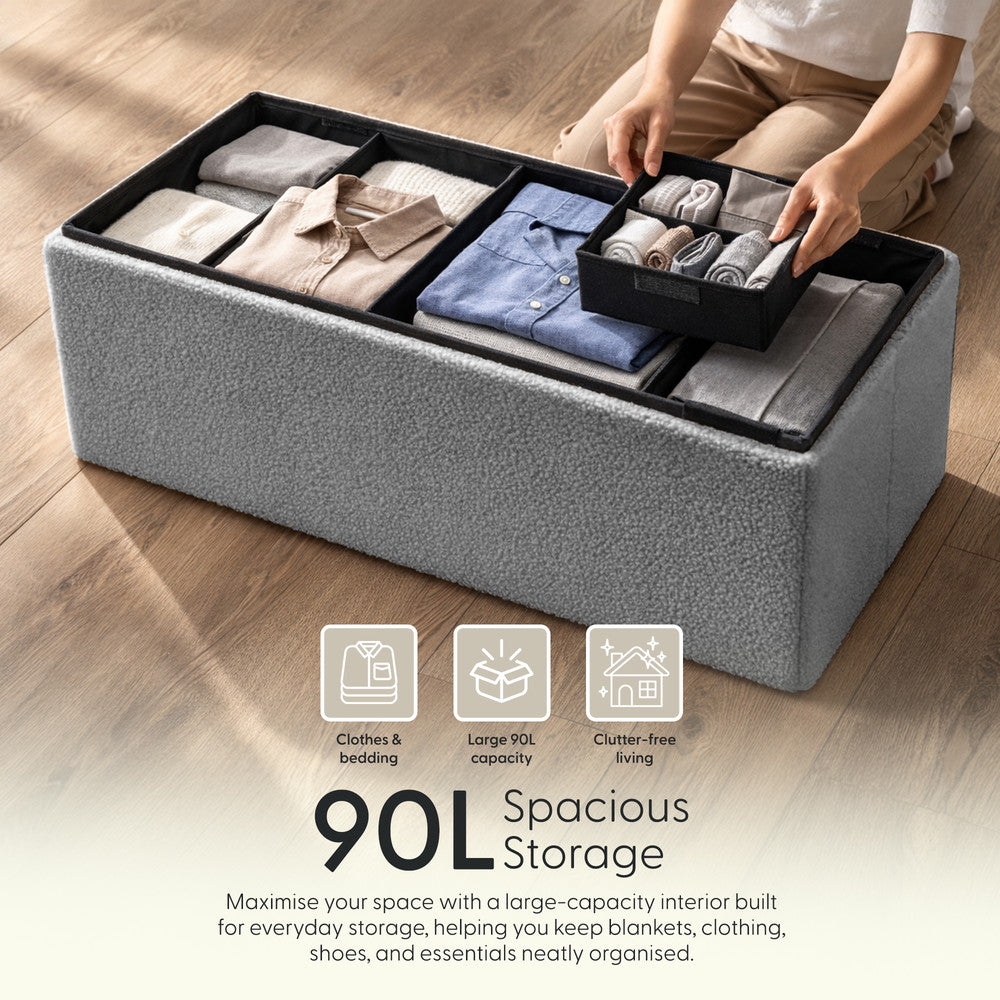 KEPLIN Storage Ottoman Bench 76×38×38 cm – Large 90 L Hidden Storage, Rapid Fold‐Flat Design, 150kg Load Capacity, Tufted Teddy Fabric Finish – Ideal for Hallway, Bedroom, Living Room