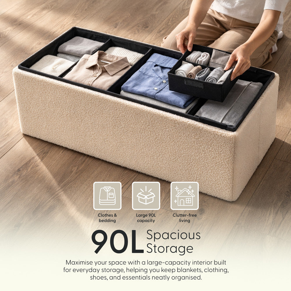 KEPLIN Storage Ottoman Bench 76×38×38 cm – Large 90 L Hidden Storage, Rapid Fold‐Flat Design, 150kg Load Capacity, Tufted Teddy Fabric Finish – Ideal for Hallway, Bedroom, Living Room