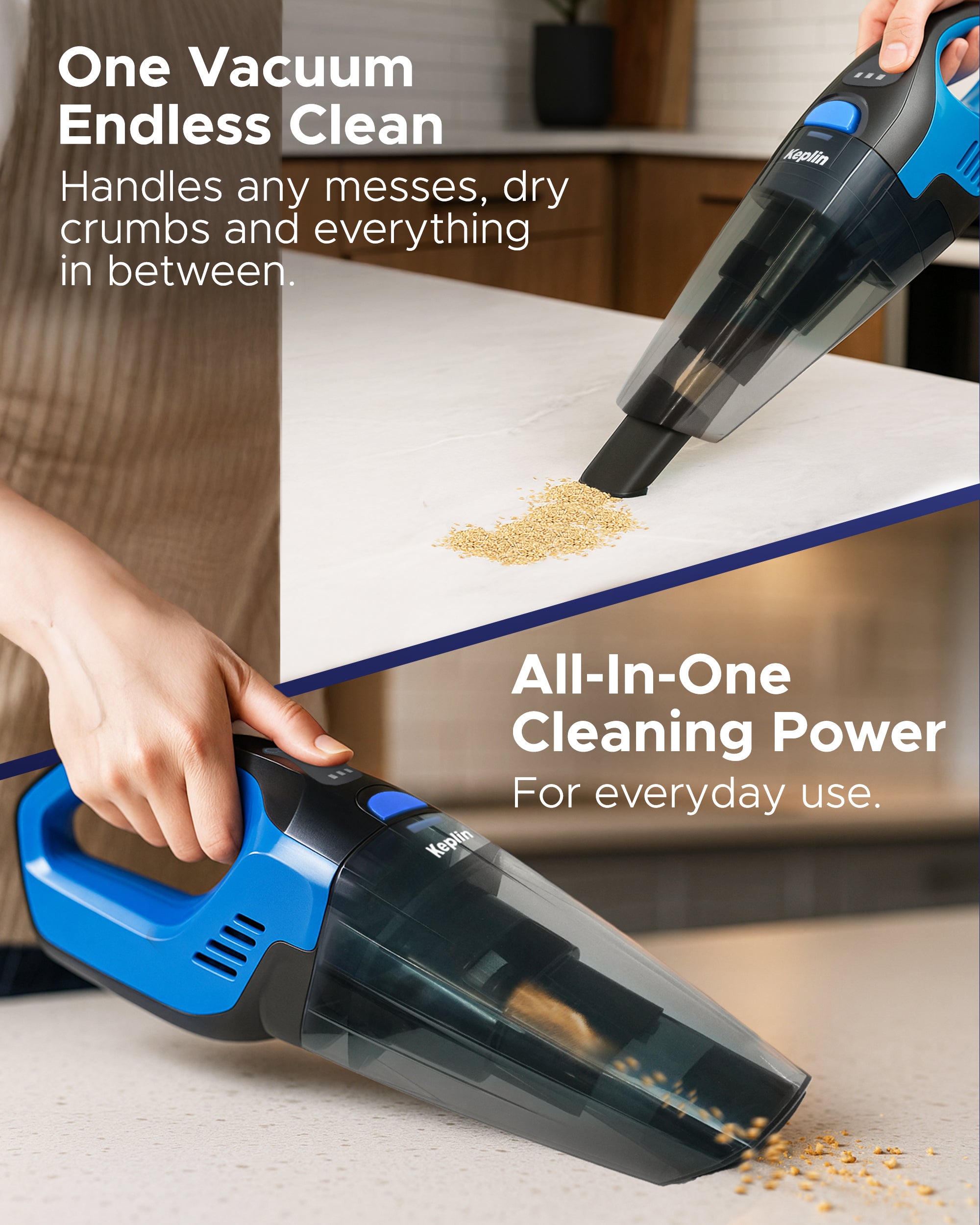 KEPLIN Cordless Handheld Vacuum Cleaner – Wet & Dry Use – 25–30 Min Runtime – 3 LED Lights – Wall Mount – 0.5L Dust Bin – Portable Mini Vacuum for Car, Home & Pet Hair – 7.4V 50W Power
