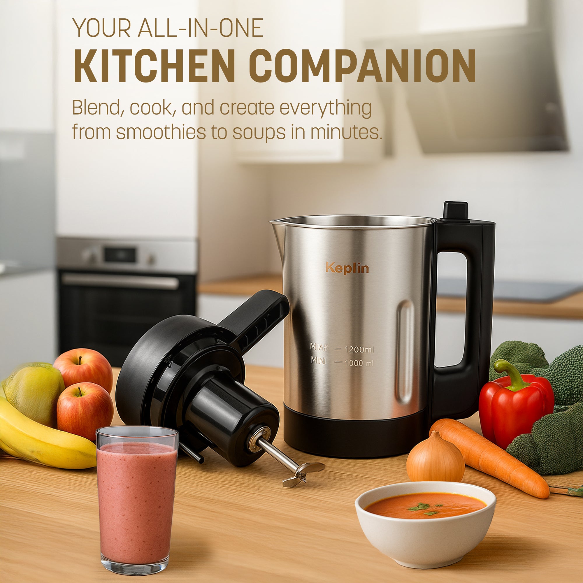 KEPLIN Soup Maker – 1.2L Multi-Function Blender & Soup Maker, Intelligent Safety Sensors, LED Control Panel, Easy Clean & Keep Warm - Stainless Steel, 2 Year Warranty
