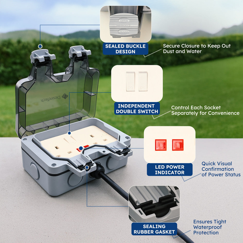 Desiretech Outdoor Double Switched Socket – IP66 Waterproof & Dustproof Socket – 2 Gang Plug with LED Indicators – High Impact PC Housing – Weatherproof Power Outlet for Sheds & Garages