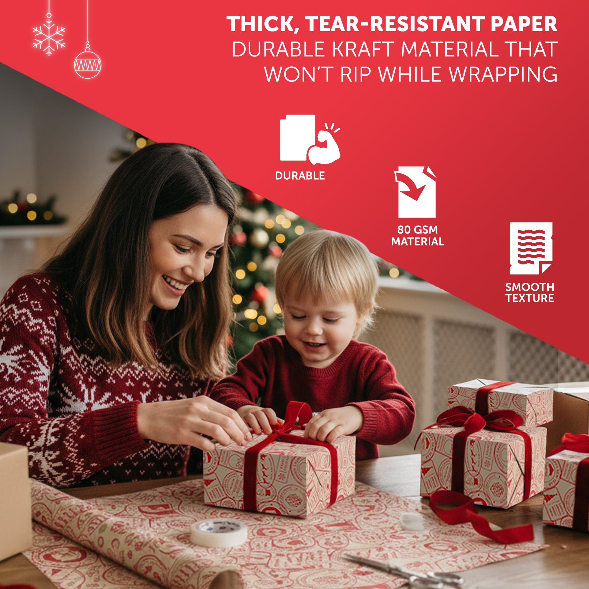 Kraft & Co - Christmas Wrapping Paper 12 Sheets - Kraft Gift Wrap Sheets 50 x 70cm, 6 Festive Holiday Designs with Tags & Twine