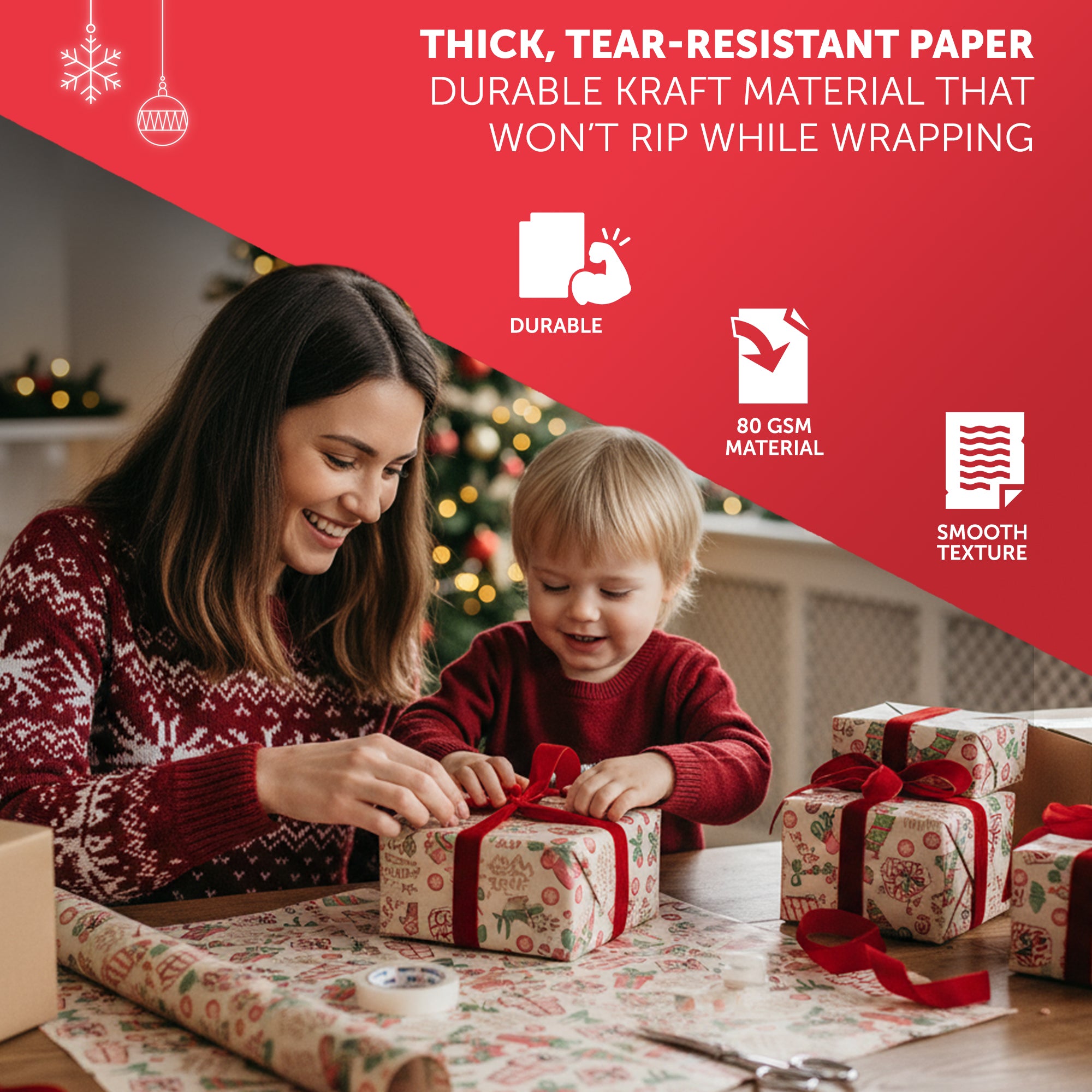 Kraft & Co - Christmas Wrapping Paper 12 Sheets - Kraft Gift Wrap Sheets 50 x 70cm, 6 Festive Holiday Designs with Tags & Twine