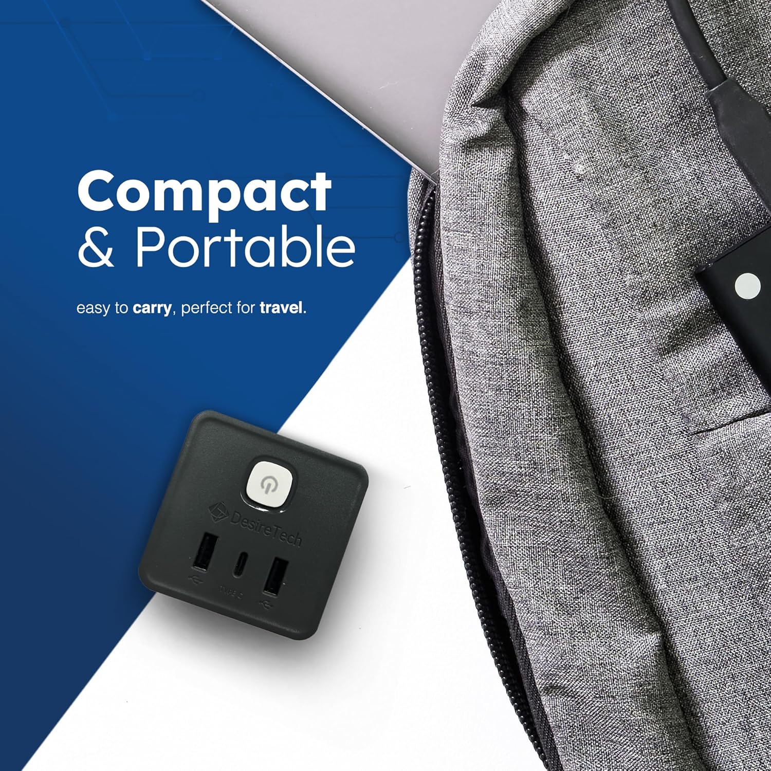 Desiretech Compact Extension Lead Cube - 2 USB Ports, 1 USB-C, 4 AC Outlets, Surge Protection, 1.5m Cord - Portable Power Strip for Home, Office, and Travel