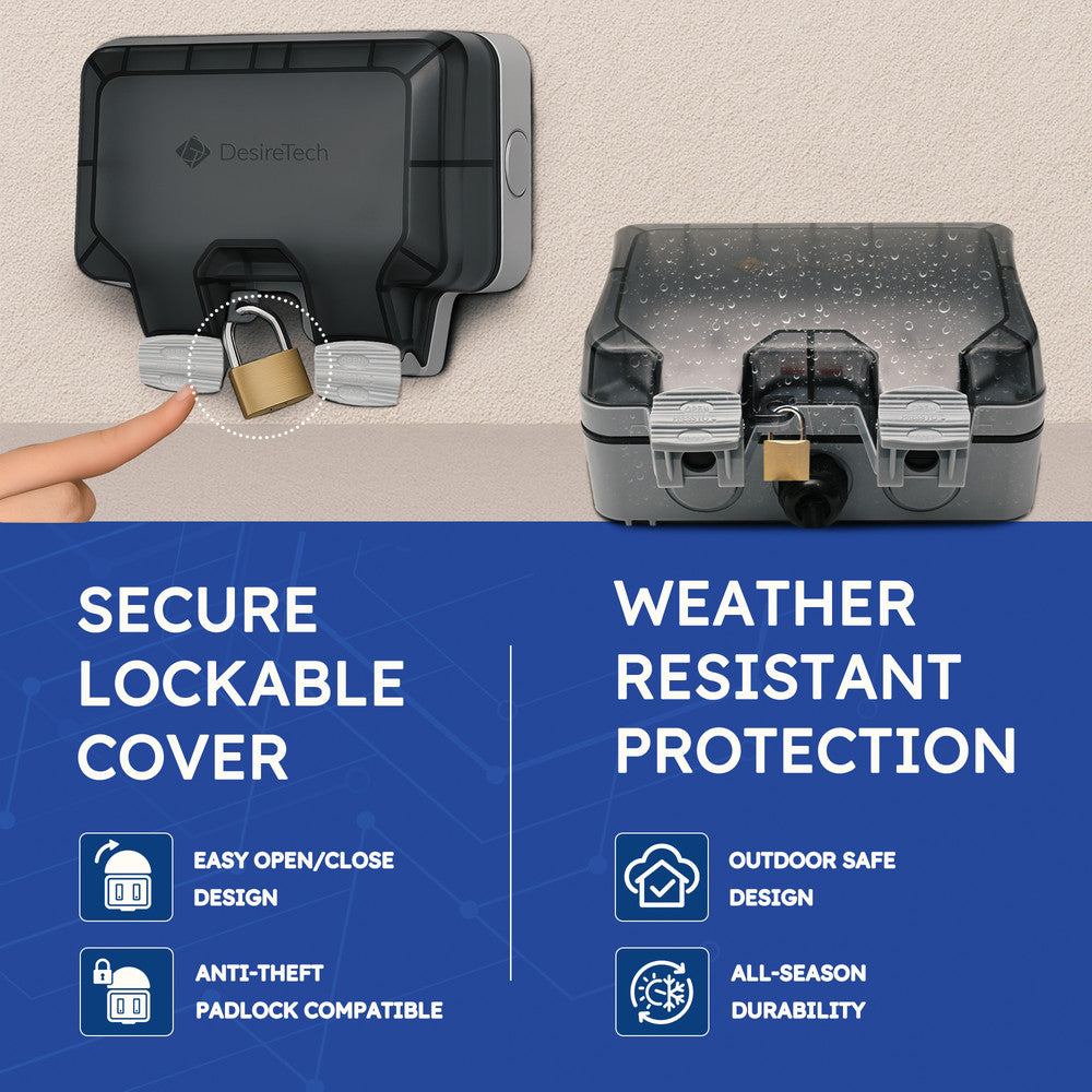 Desiretech Outdoor Double Switched Socket – IP66 Waterproof & Dustproof Socket – 2 Gang Plug with LED Indicators – High Impact PC Housing – Weatherproof Power Outlet for Sheds & Garages