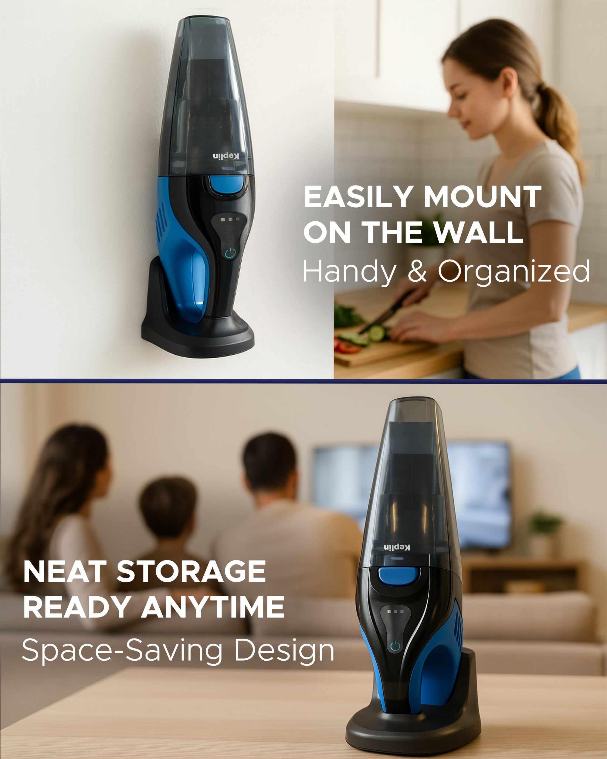 KEPLIN Cordless Handheld Vacuum Cleaner – Wet & Dry Use – 25–30 Min Runtime – 3 LED Lights – Wall Mount – 0.5L Dust Bin – Portable Mini Vacuum for Car, Home & Pet Hair – 7.4V 50W Power