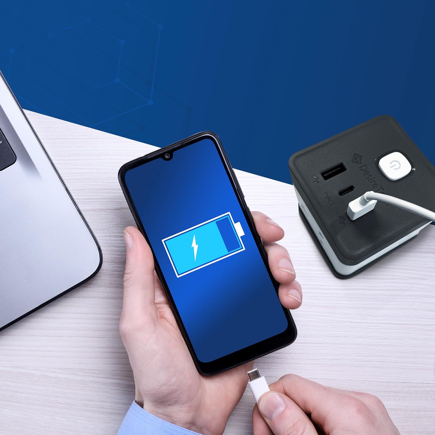 Desiretech Compact Extension Lead Cube - 2 USB Ports, 1 USB-C, 4 AC Outlets, Surge Protection, 1.5m Cord - Portable Power Strip for Home, Office, and Travel