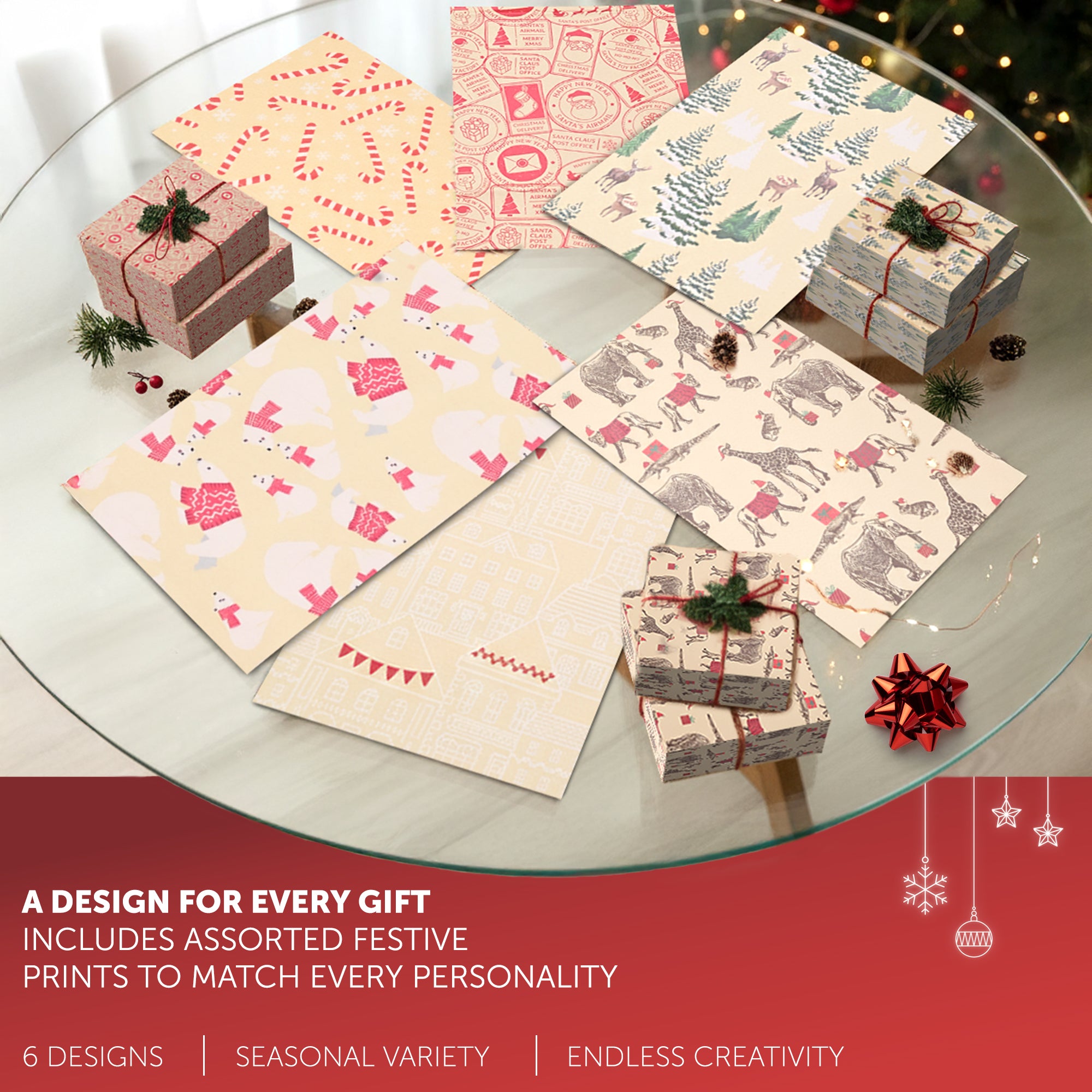 Kraft & Co - Christmas Wrapping Paper 12 Sheets - Kraft Gift Wrap Sheets 50 x 70cm, 6 Festive Holiday Designs with Tags & Twine