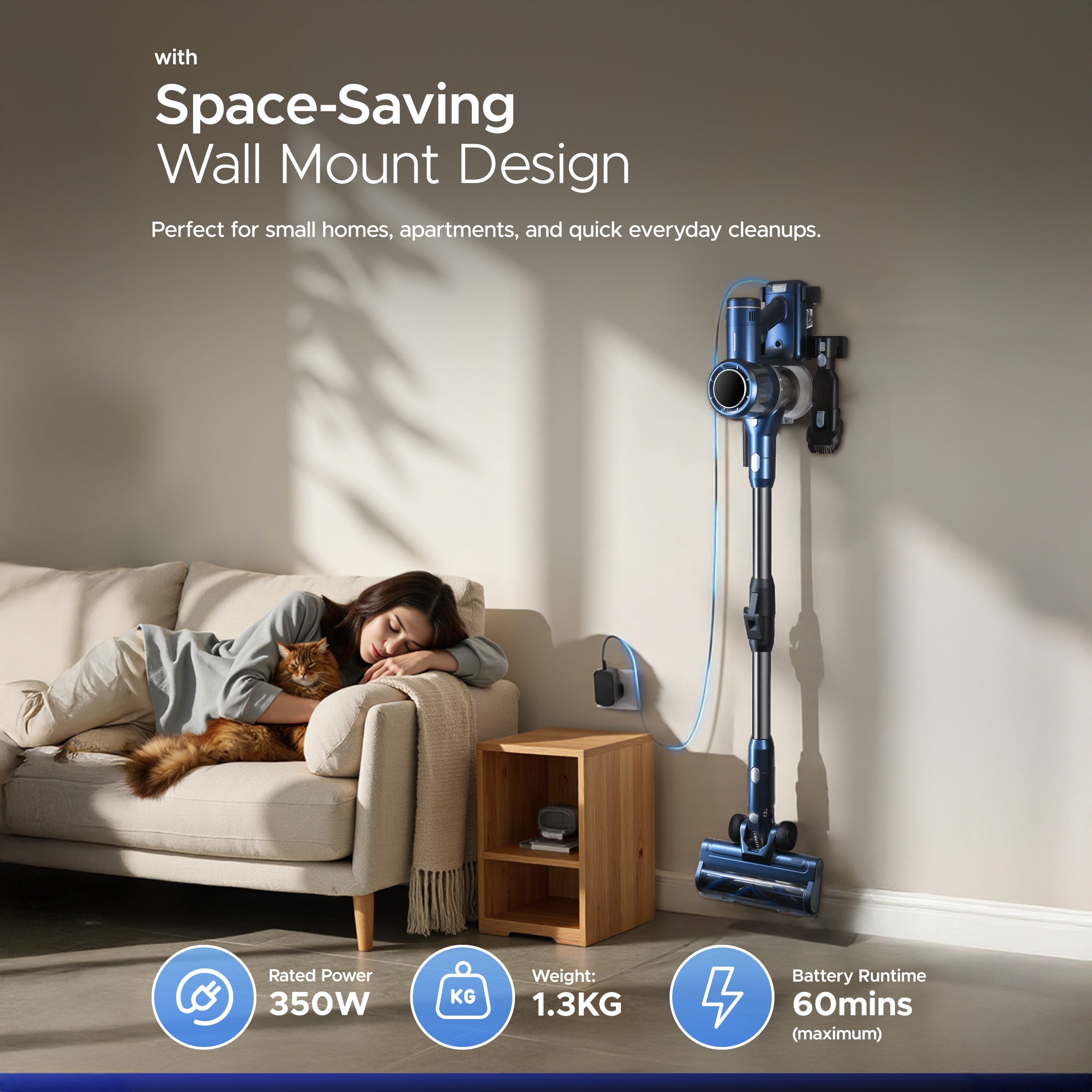 KEPLIN Cordless Vacuum Cleaner – 350W Power – 3-Speed Suction – Easy Reach Bendable Wand – LED Display – 25.9V 2500mAh Battery – 60 Min Runtime – Stick Hoover – Pet Hair – Carpet & Hard Floor Clean